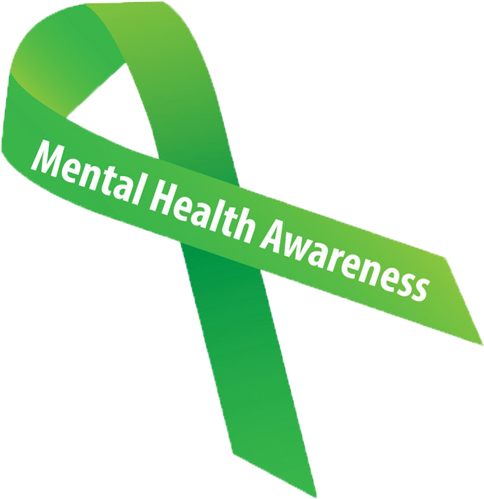 心理健康意識絲帶 壁紙 — 一條鮮綠色絲帶，上面有白色文字寫著 Mental Health Awareness，背景為黑色。