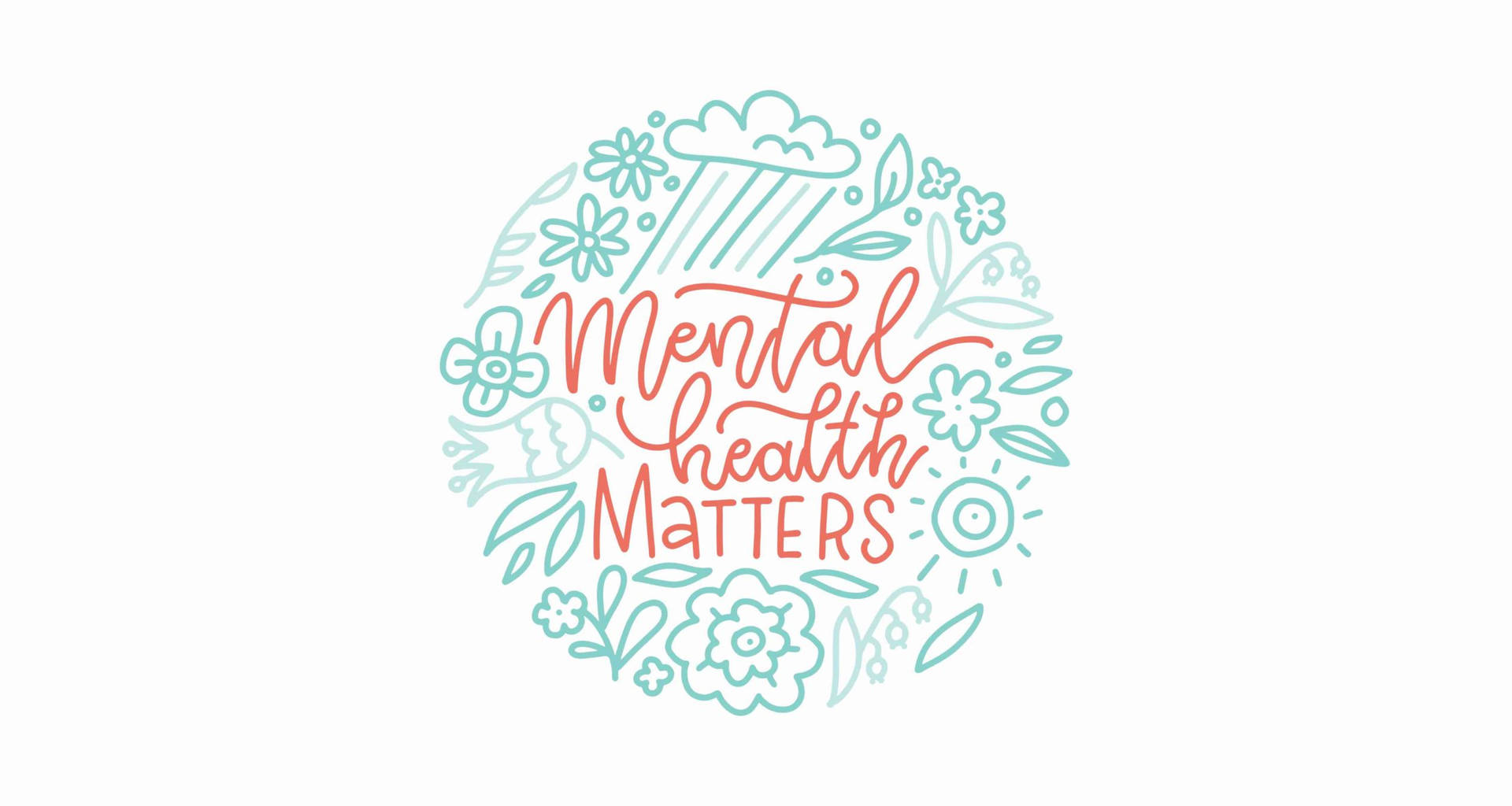 圓形設計，以「Mental Health Matters」為中心，周圍環繞花朵和太陽符號。