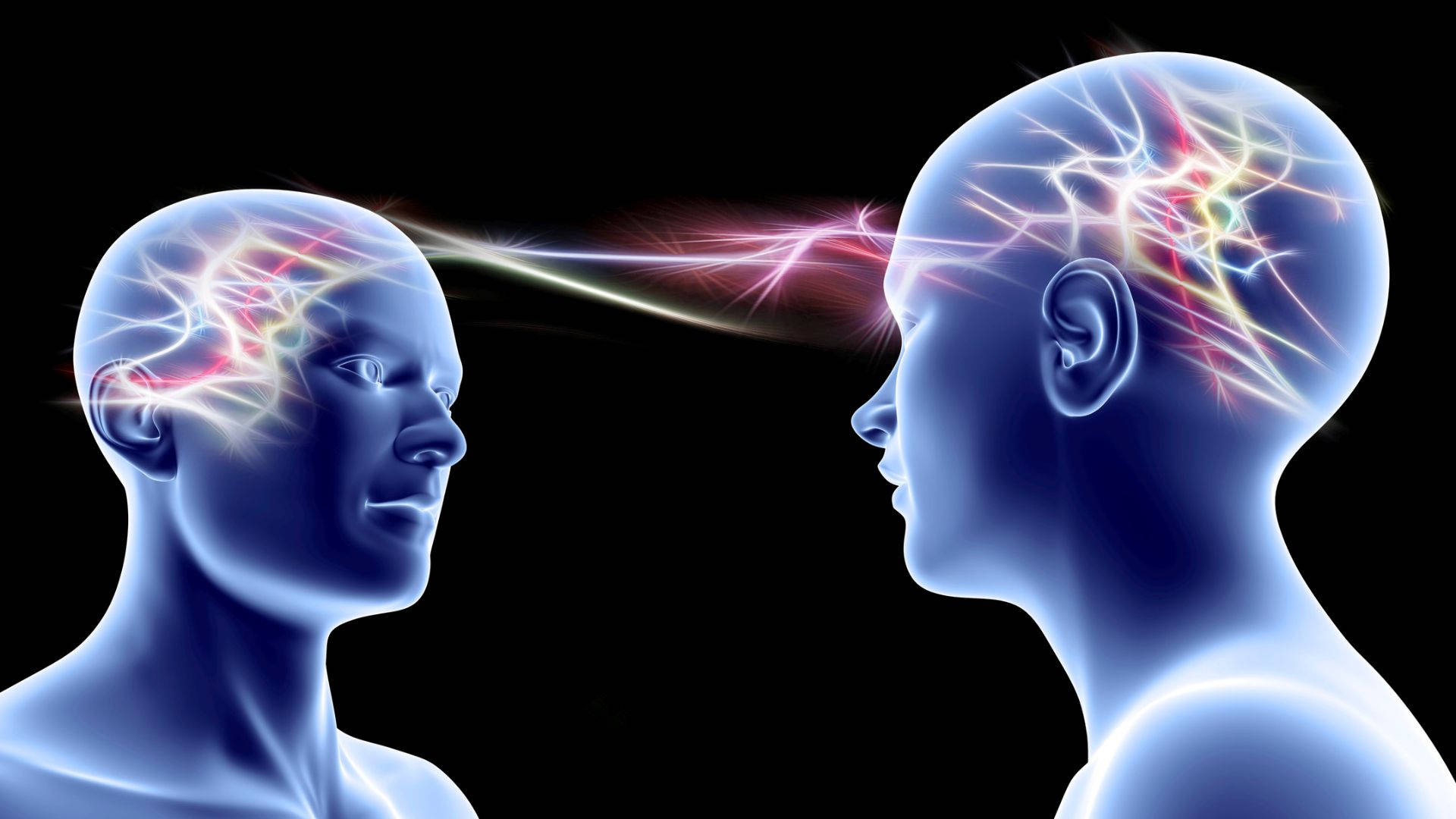 心理學主題：兩人互相讀心 壁紙 — 兩個半透明藍色人頭面對面，發光的神經網絡和能量束在黑色背景上連接他們的大腦。
