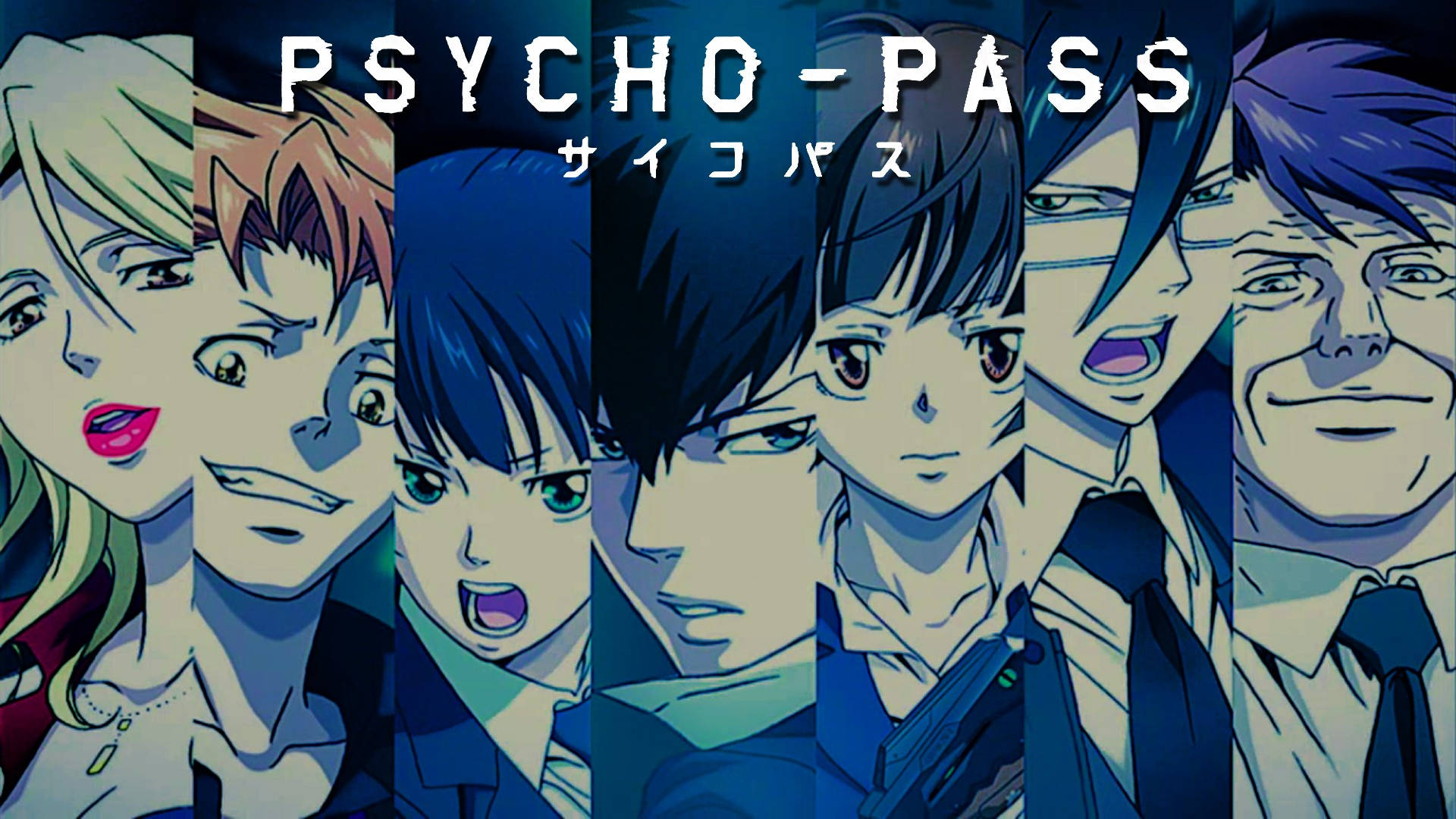 心理测量者拼貼藝術 壁紙 — 六個來自《Psycho-Pass》的動畫角色站在垂直面板中，位於節目標題下方，表情強烈，帶有冷藍色燈光。