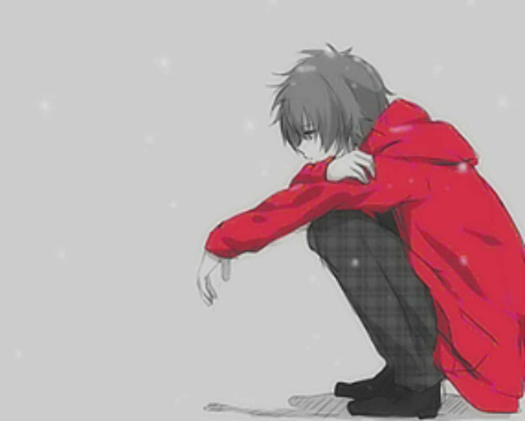 動漫男孩穿紅色連帽衫蹲在雪中