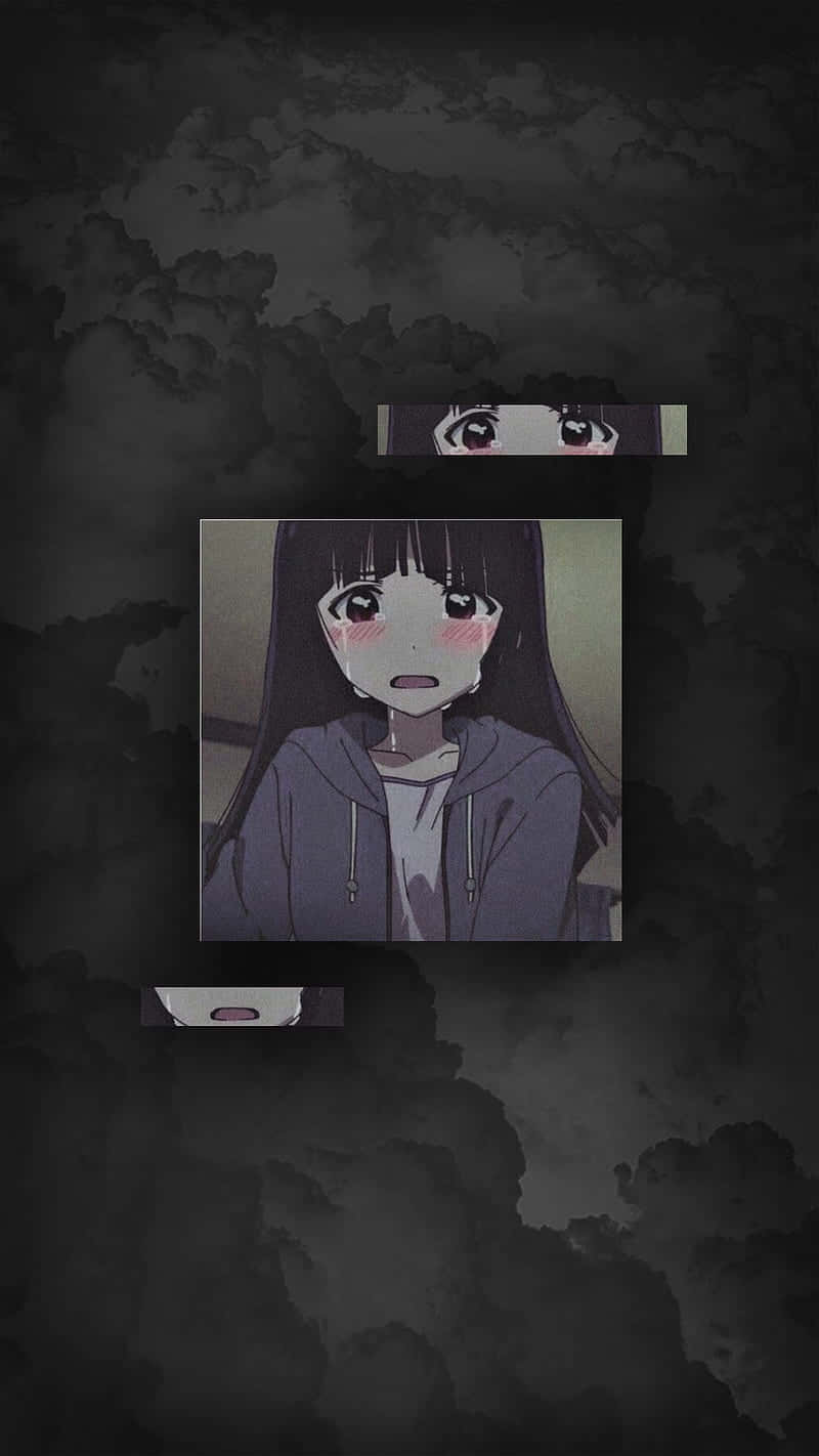 深色頭髮和紅潤臉頰的動漫女孩在破碎的框架中看起來很驚訝。