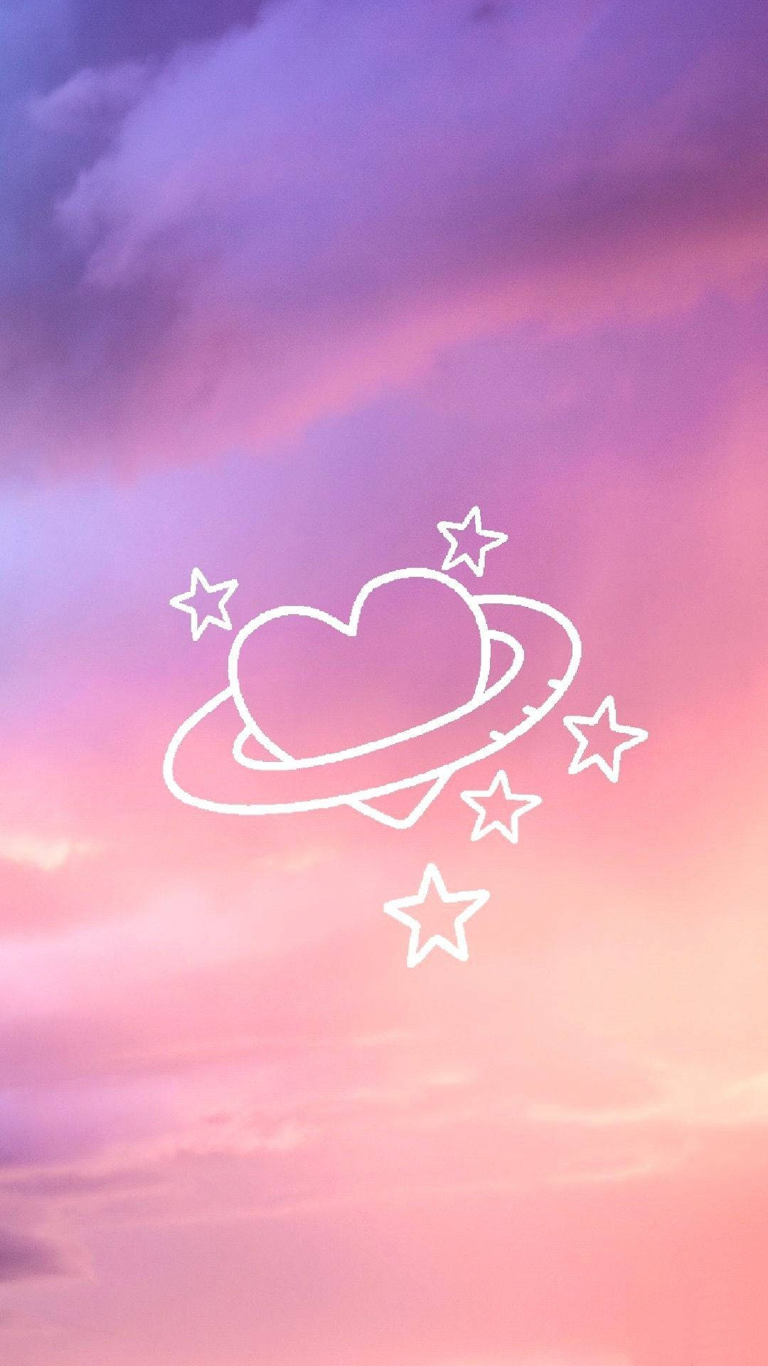 心與星星美學頭像 壁紙 — 一顆發光的白色心形行星，帶有光環和星星，漂浮在夢幻的粉紫色暮光天空中。