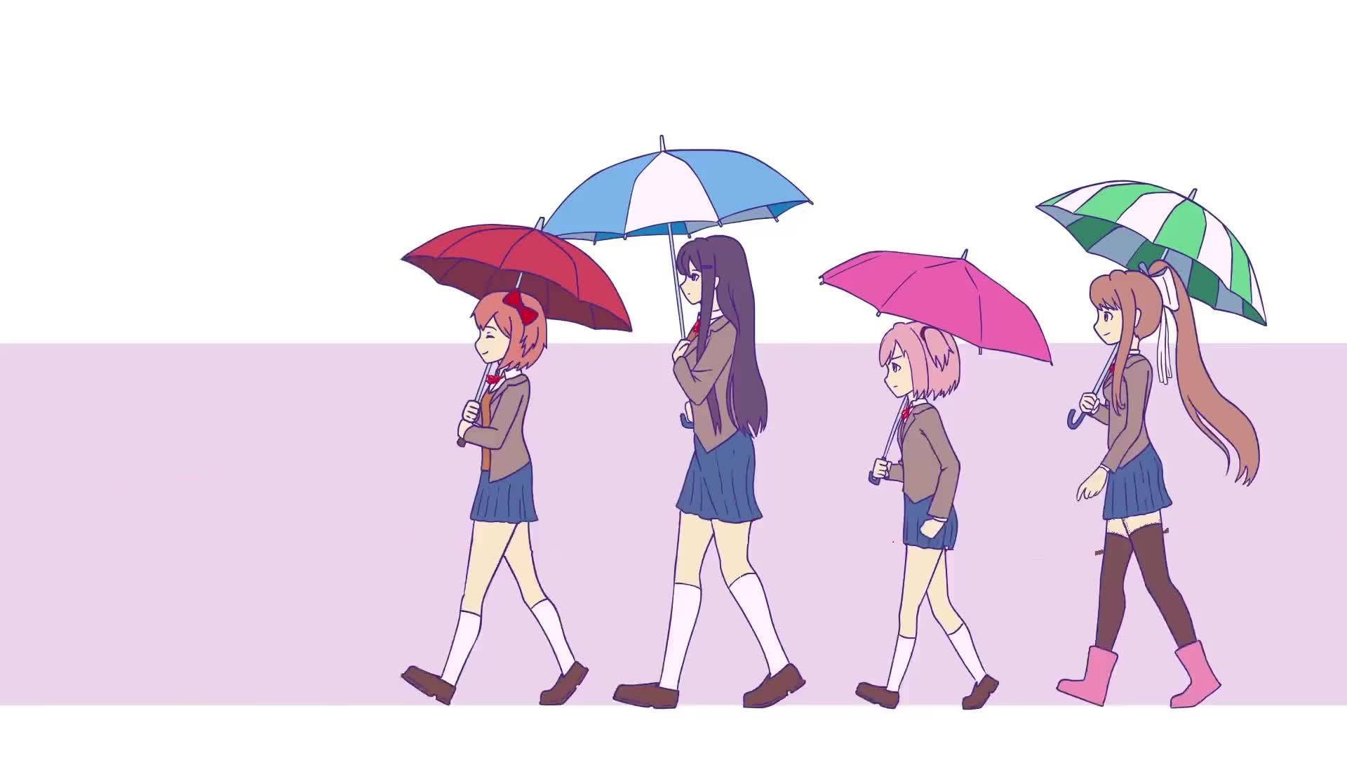 四個動畫女學生在薰衣草背景上手持彩色雨傘行走。