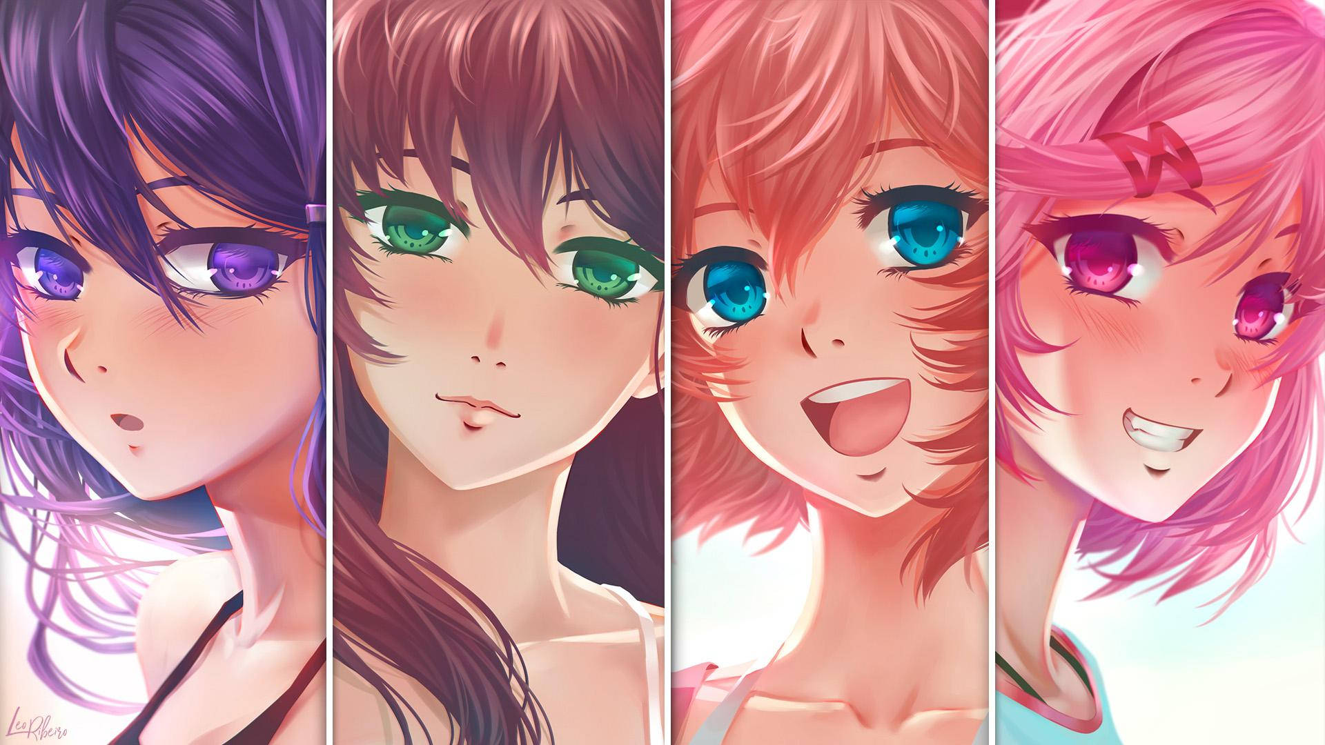 四位動漫少女擁有色彩繽紛的頭髮和眼睛，展現多種表情。 — 俱樂部 壁紙