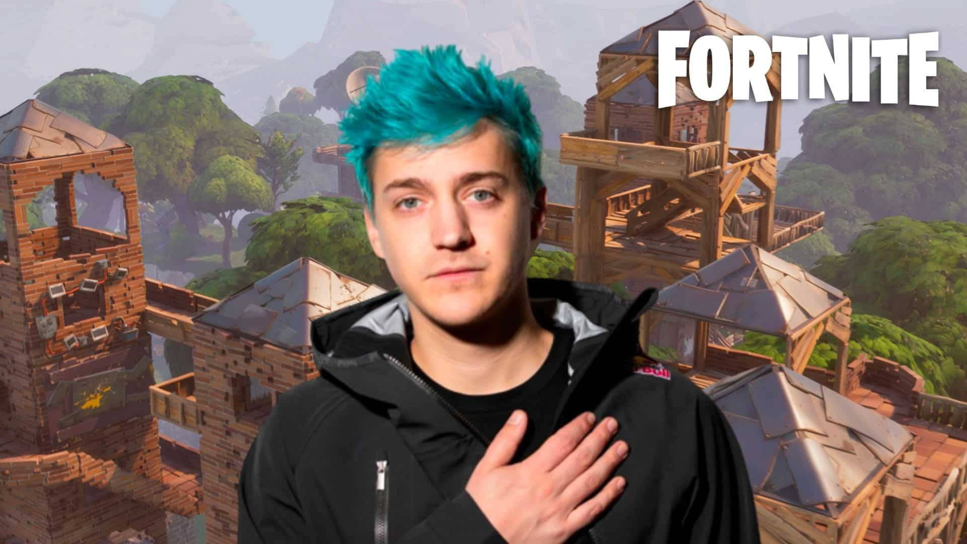 青綠色頭髮的玩家在《Fortnite》遊戲環境前。
