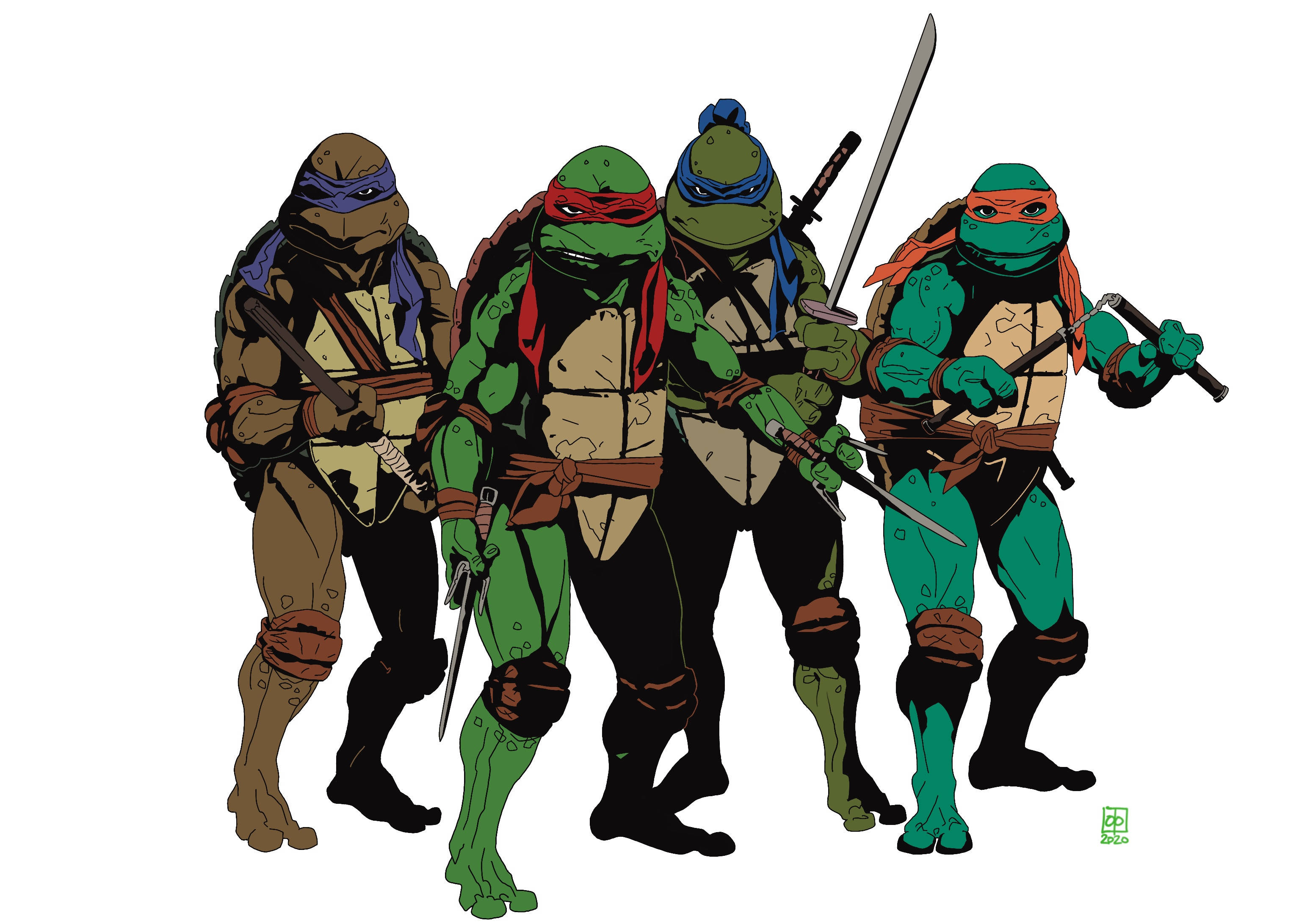 忍者神龜白色背景 壁紙 — 四隻忍者龜以經典姿勢揮舞武器，背景為純白色。