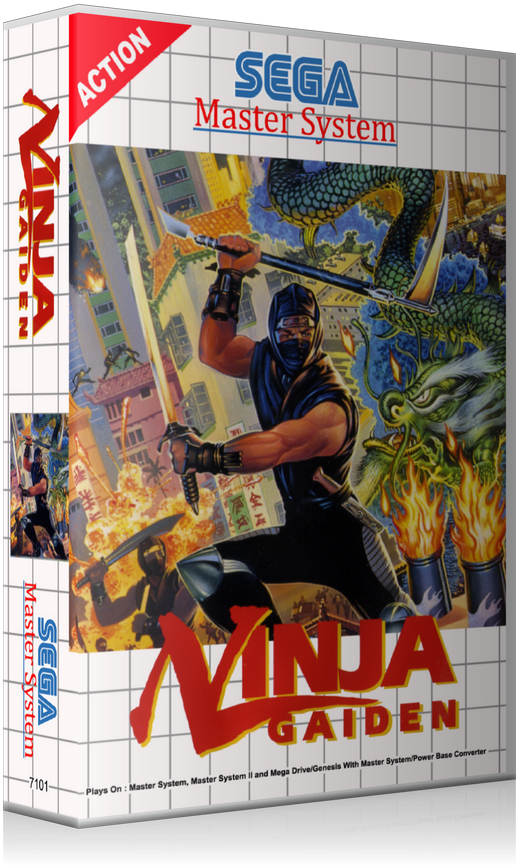 忍者龍劍傳世嘉主機盒裝藝術 壁紙 — 在動態的Sega Master System遊戲盒藝術插圖中，一名忍者戰士揮刀斬向一條火焰巨龍。