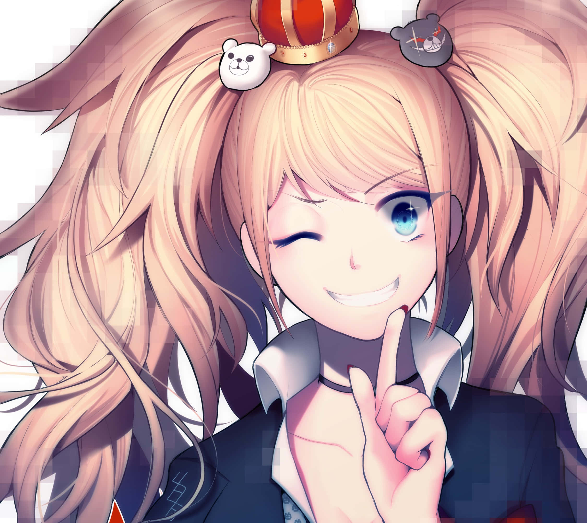 忍野忍戴皇冠 Danganronpa 壁紙 — 一個開心的動漫女孩，金色雙馬尾辮，眨眼並舉起一根手指，戴著皇冠和可愛的熊髮夾。