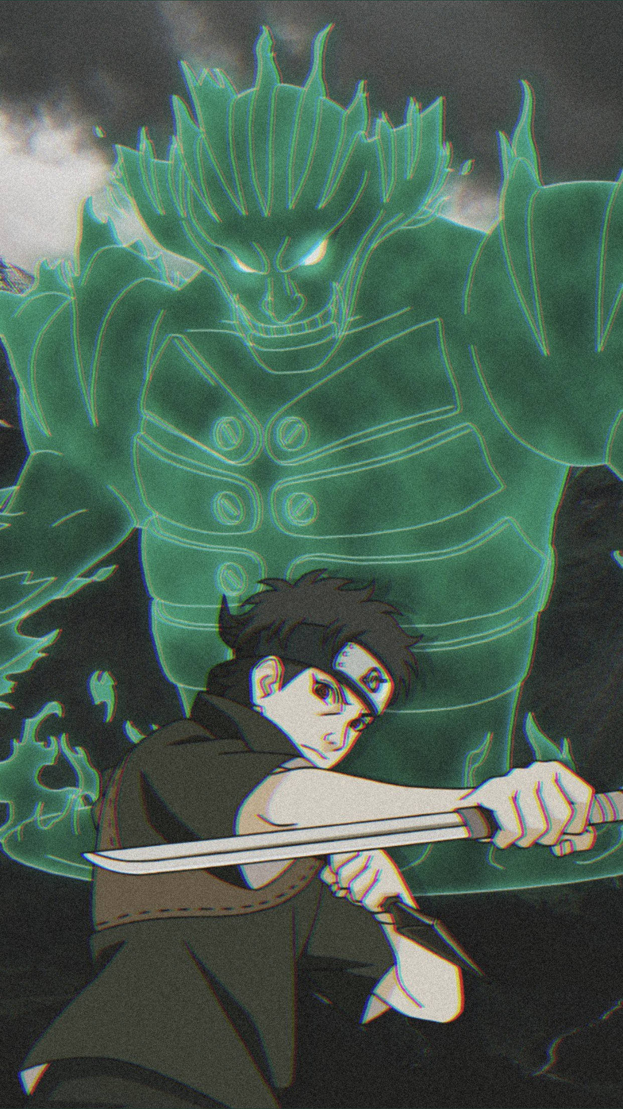志乃·宇智波的 Susanoo 壁紙 — 一個堅定的動漫忍者，在一個長著尖牙和發光眼睛的高聳發光綠色惡魔面前揮舞著劍。