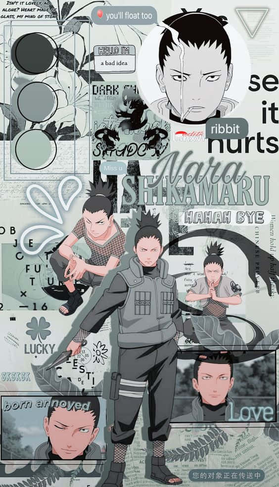 動畫角色奈良鹿丸以多種姿勢呈現，配有文字和圖形元素。