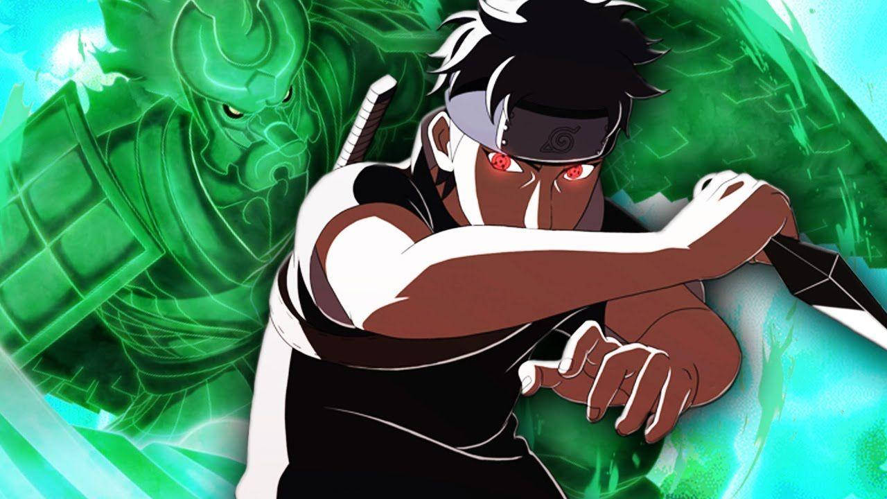 志村團藏紅眼與 Susanoo 壁紙 — 一個動漫忍者，擁有發光的紅色眼睛和黑色頭帶，揮舞著苦無對抗旋轉的綠色查克拉怪物。