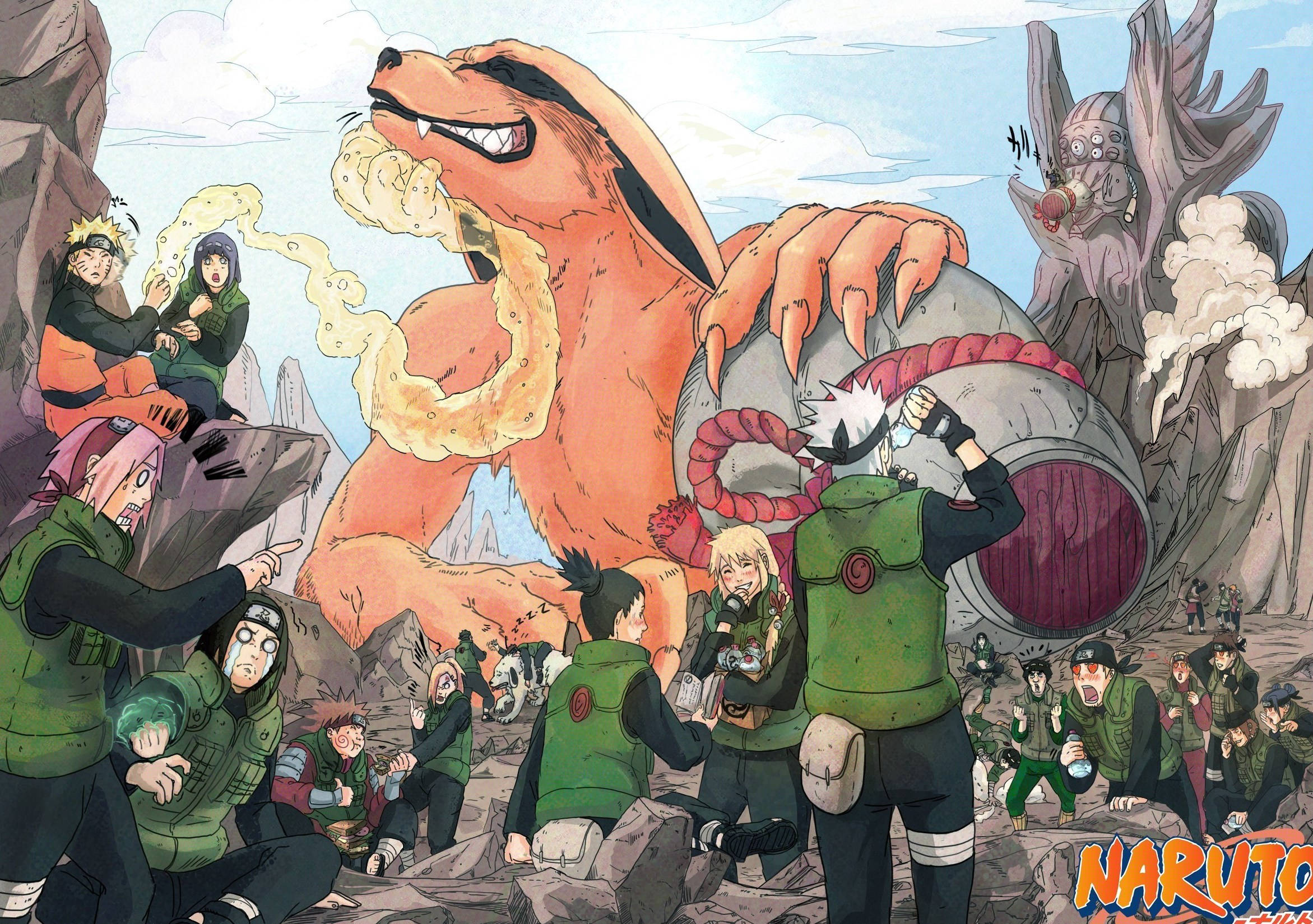 志村團藏與火影忍者群像 壁紙 — Naruto角色在岩石山區地形中與巨大的橙色狐狸和怪異的樹靈戰鬥。