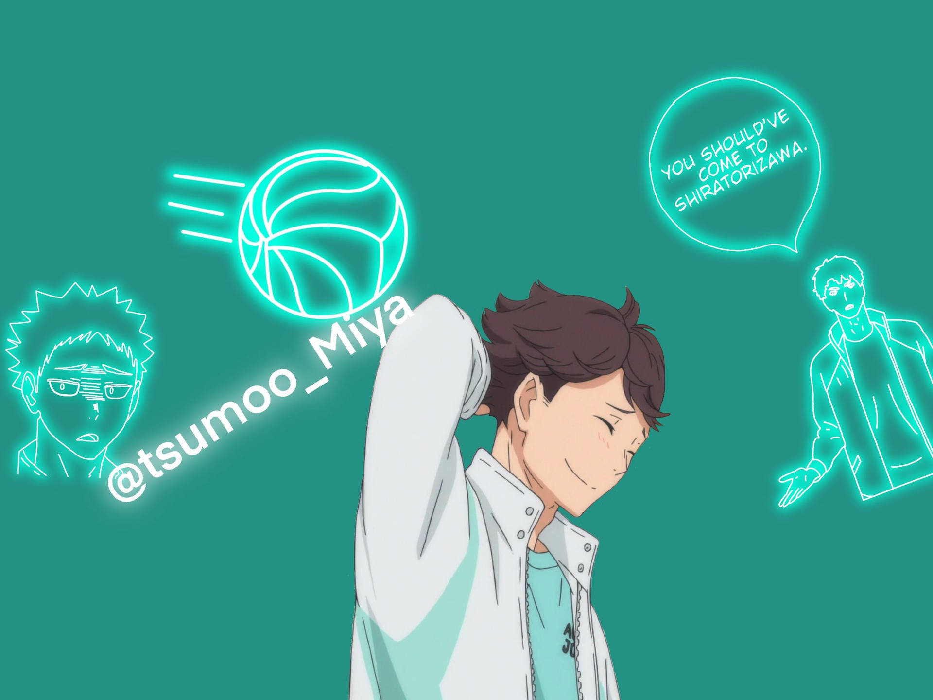 身穿白色外套的動漫男孩微笑，發光的籃球和對話氣泡在附近漂浮。