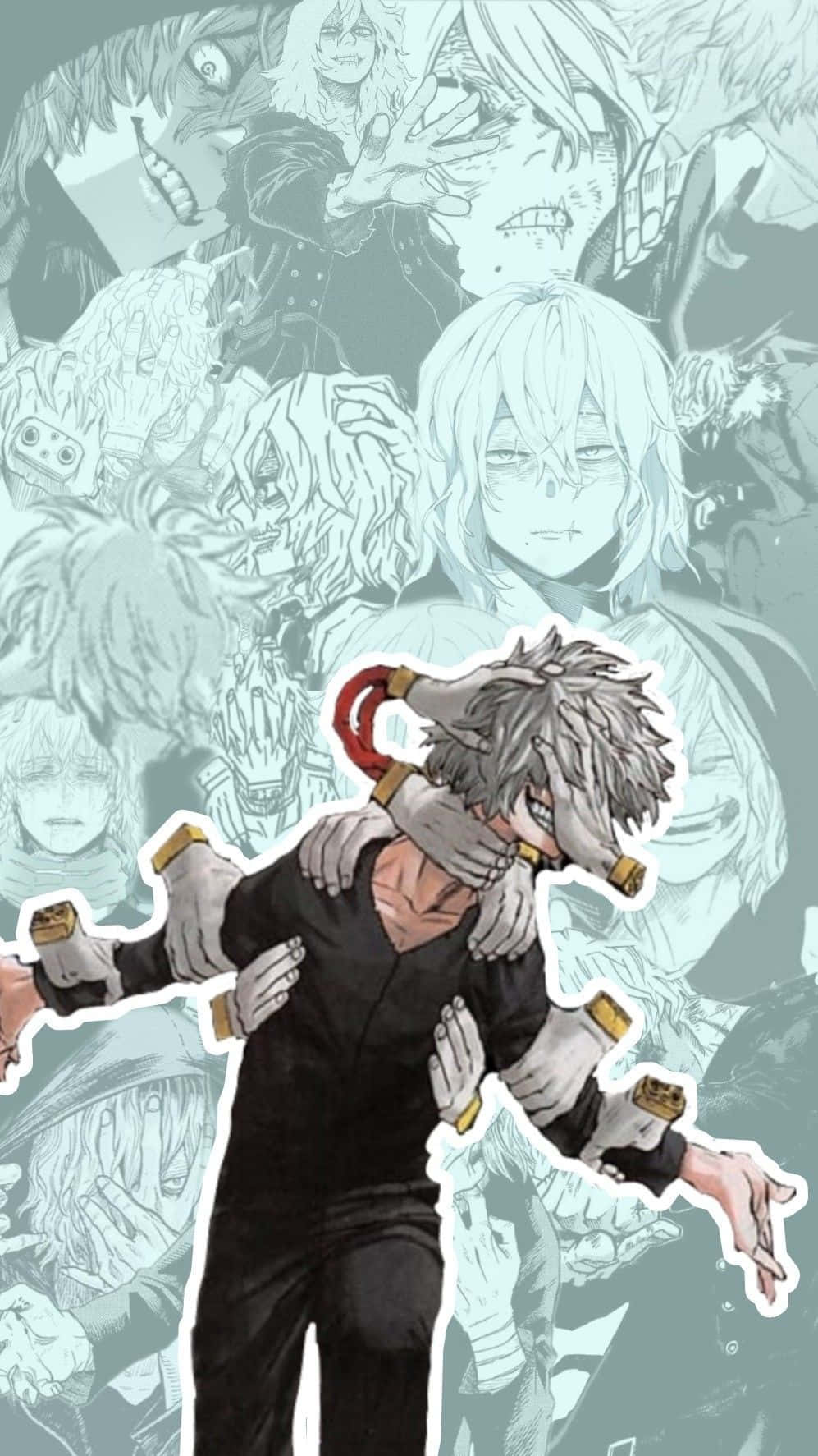 志賀高原的魔法世界一瞥 壁紙 — 一個充滿動感的動漫角色，擁有尖刺頭髮和紅色羽毛，被鬼影般的形象包圍在單色背景中。