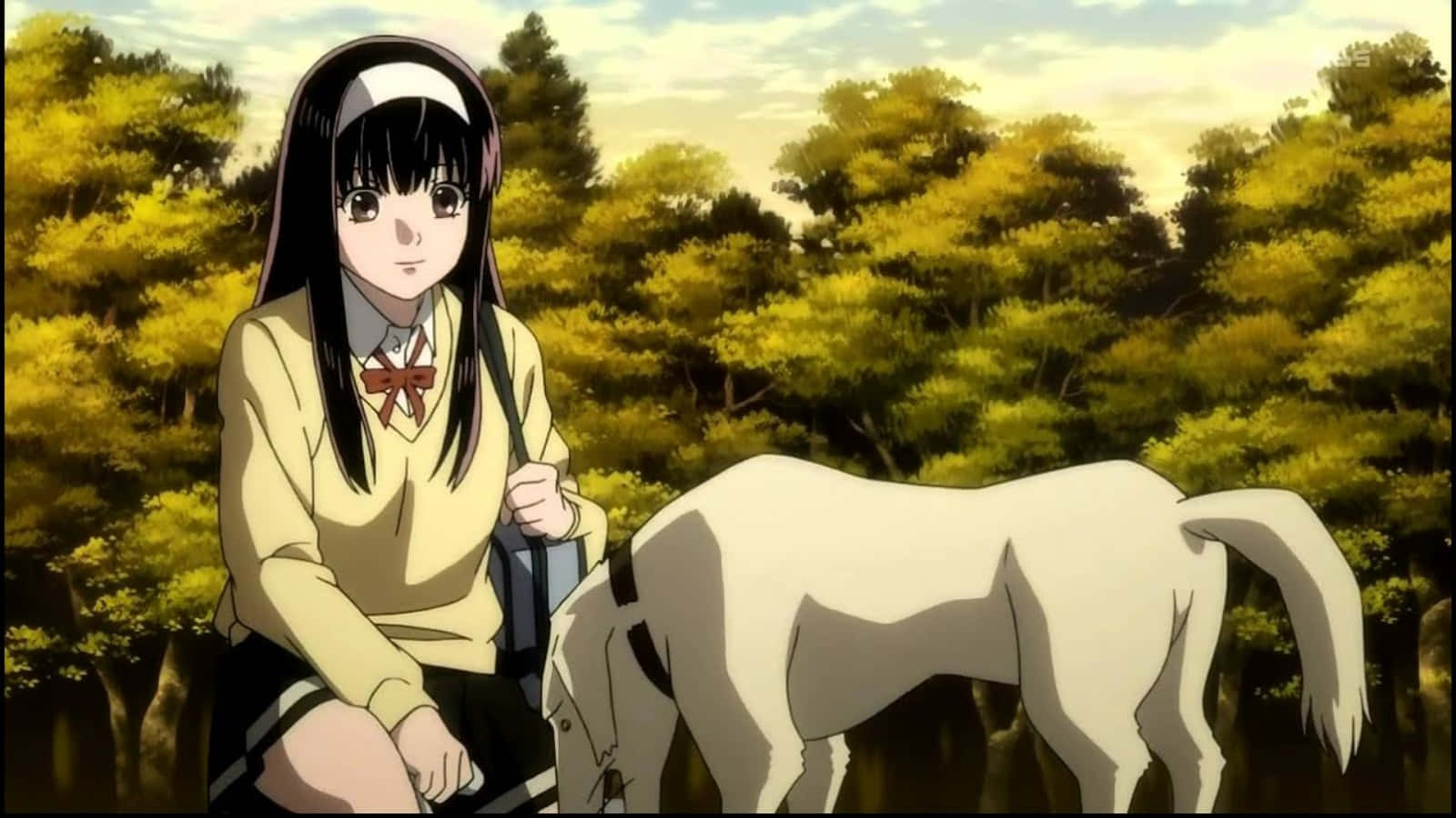 忠誠的伴侶——快樂動漫狗狗 壁紙 — 一位穿著校服的年輕動漫女孩在陽光明媚、金色樹葉的森林中跪在一匹白馬旁邊。