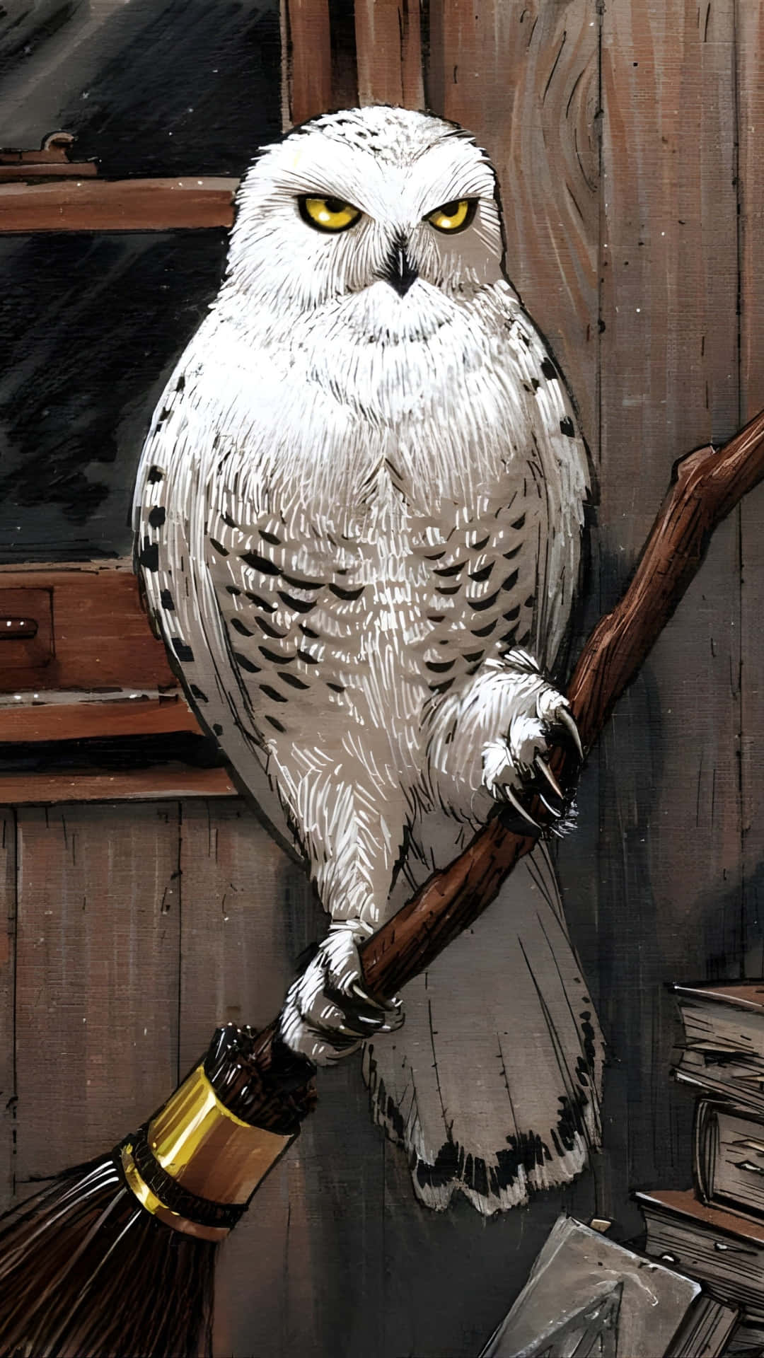 忠誠的雪白貓頭鷹 Hedwig 壁紙 — 一隻雪鴞擁有銳利的黃色眼睛，威嚴地棲息在掃帚上，背景是質樸的木製背景。