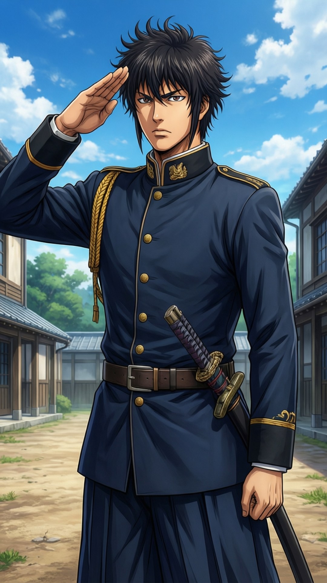 動漫士兵穿著海軍制服，在戶外腰間佩帶武士刀敬禮。