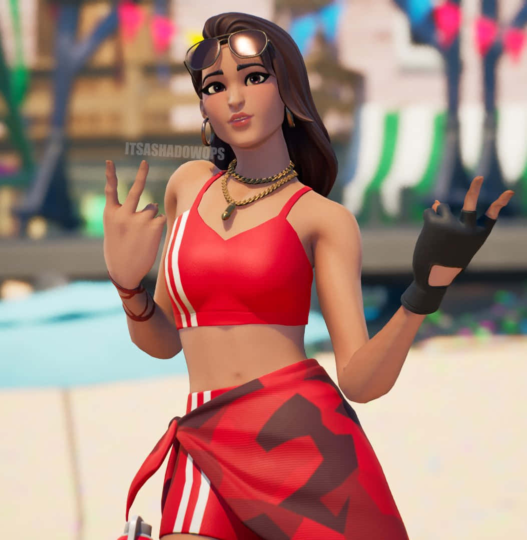 快來看看Ruby Fortnite皮膚吧！ 壁紙 — 一個自信的動畫女性穿著紅色運動服和太陽眼鏡，雙手做出搖滾手勢擺姿勢。