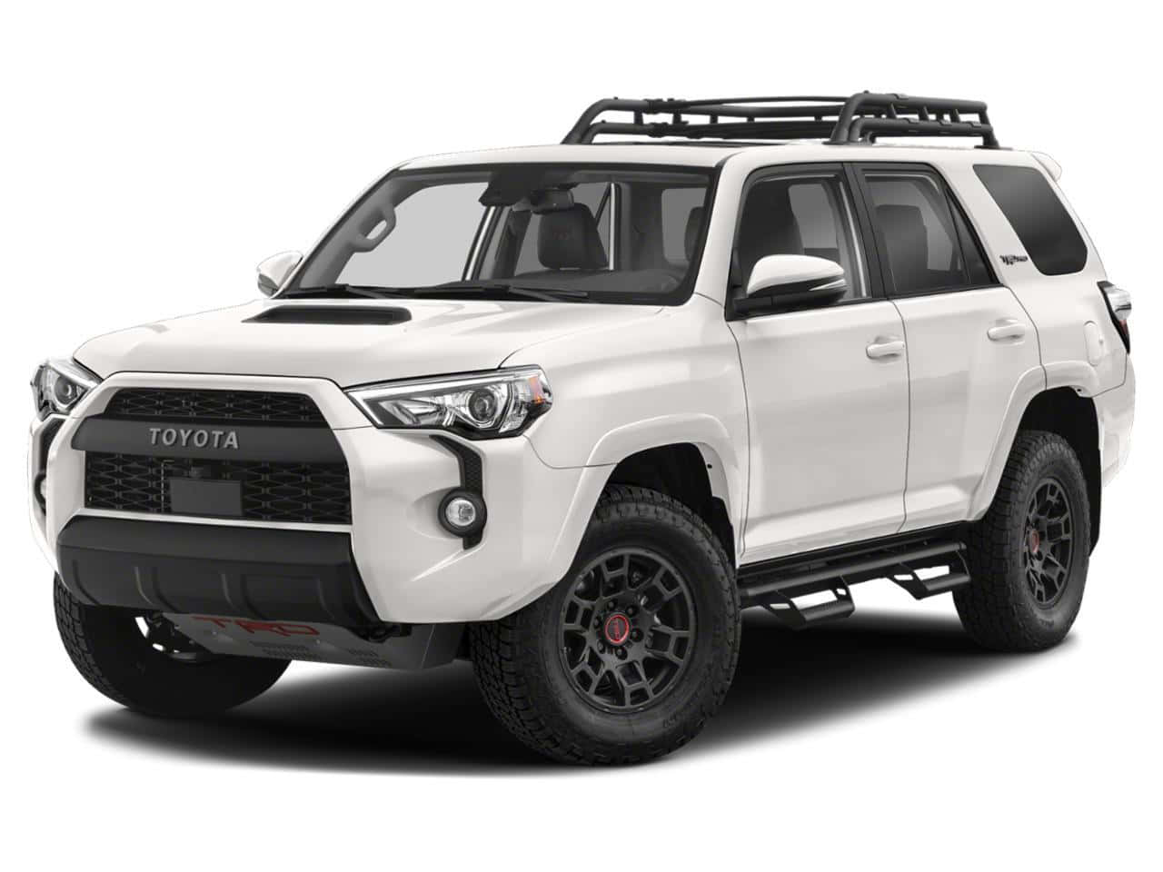 快來看看全新2023款Toyota 4Runner 壁紙 — 一輛純白色的豐田 4Runner TRD Pro SUV，配備黑色車頂架和堅固輪胎，準備好迎接冒險。