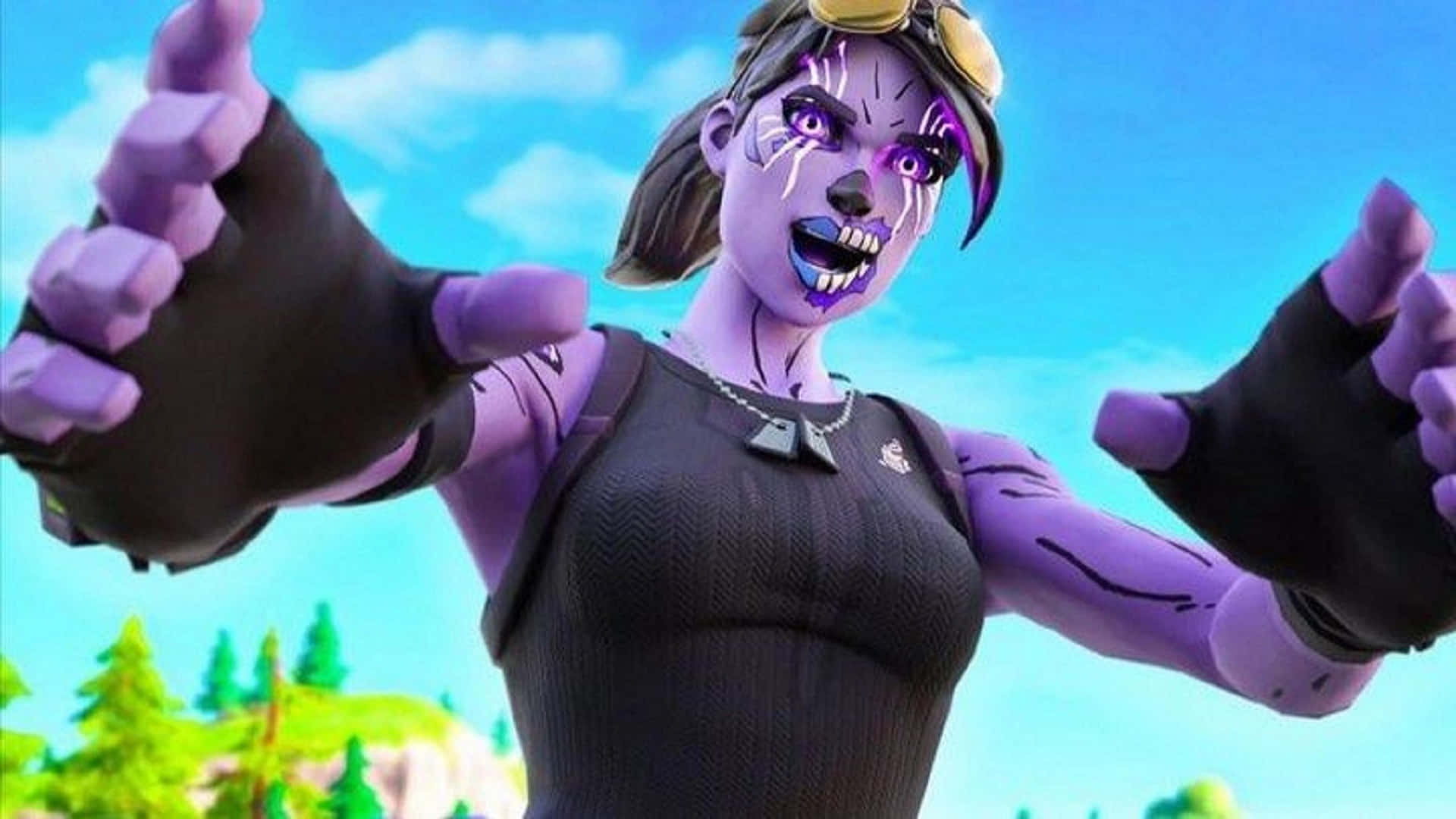 紫色Fortnite角色，有尖牙和太陽眼鏡，在日落時分於戶外擺姿勢。