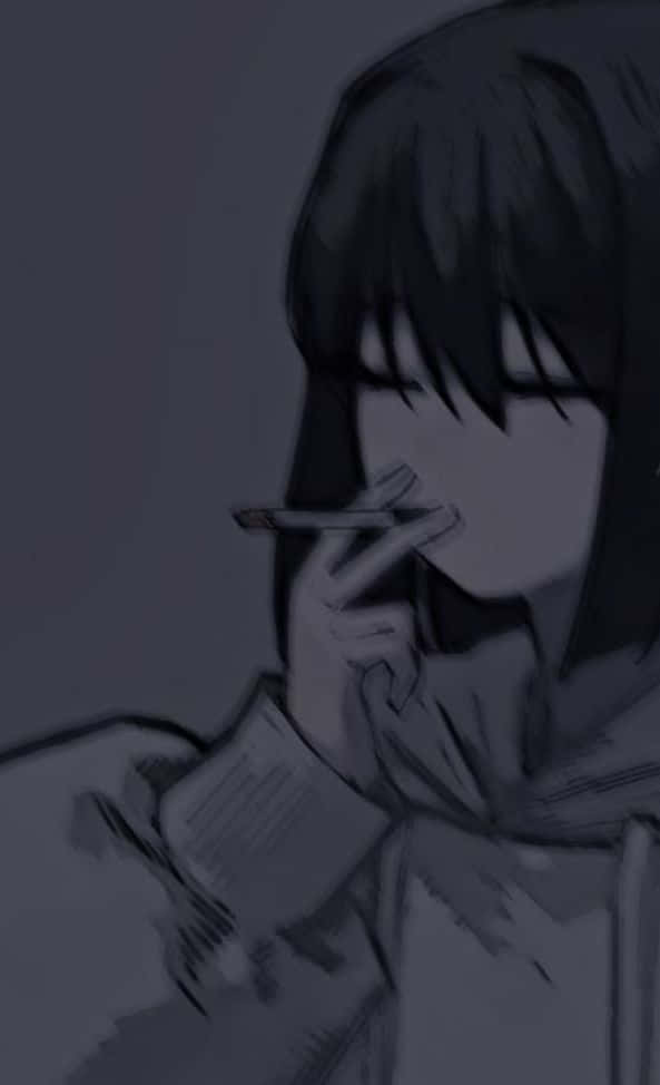 穿著連帽衫的動漫女孩在昏暗光線中拿著香煙。