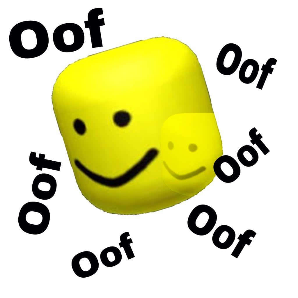 一個黃色立方體帶有微笑，被黑色文字中的「Oof」一詞包圍。