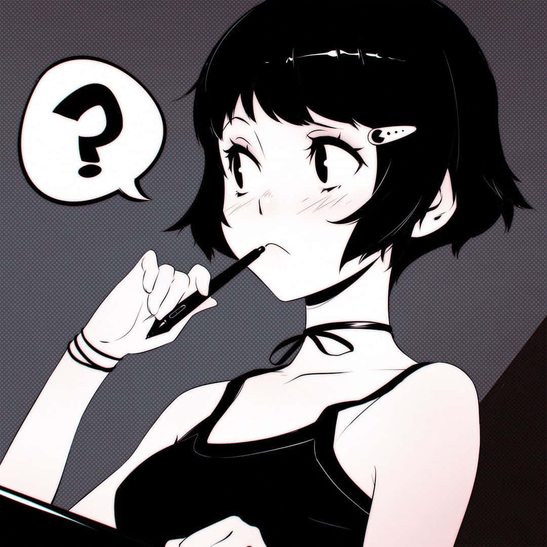 動畫女孩將筆放在唇邊，帶問號對話氣泡