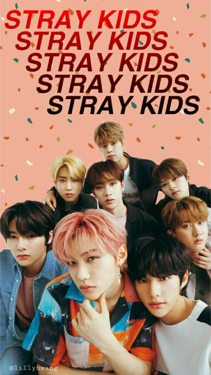 Stray Kids K-pop 團體照片，帶有五彩紙屑和重複的樂隊名稱文字。