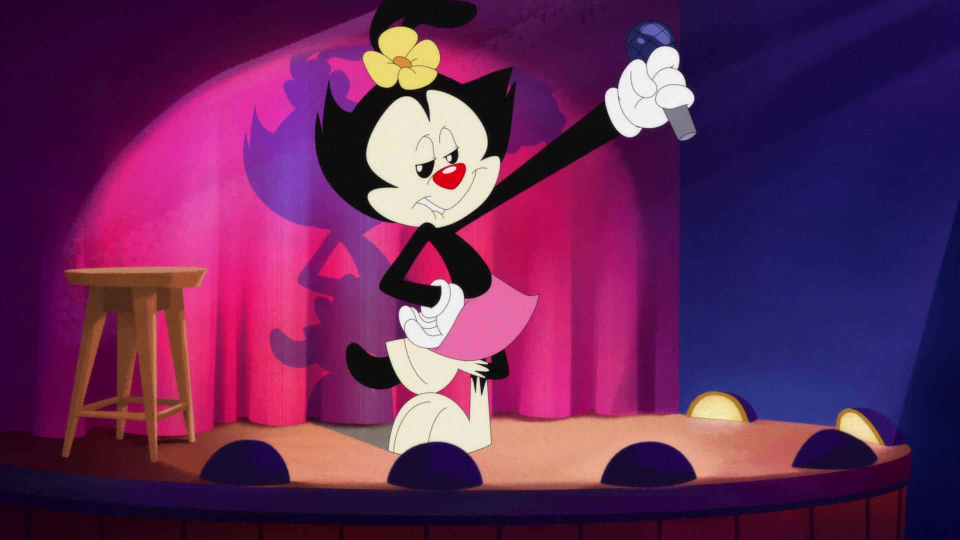 快來追蹤 Animaniacs 的搞笑冒險！ 壁紙 — 一隻穿著粉紅色連衣裙的卡通貓歌手在紫色聚光燈下拿著麥克風在舞台上表演。