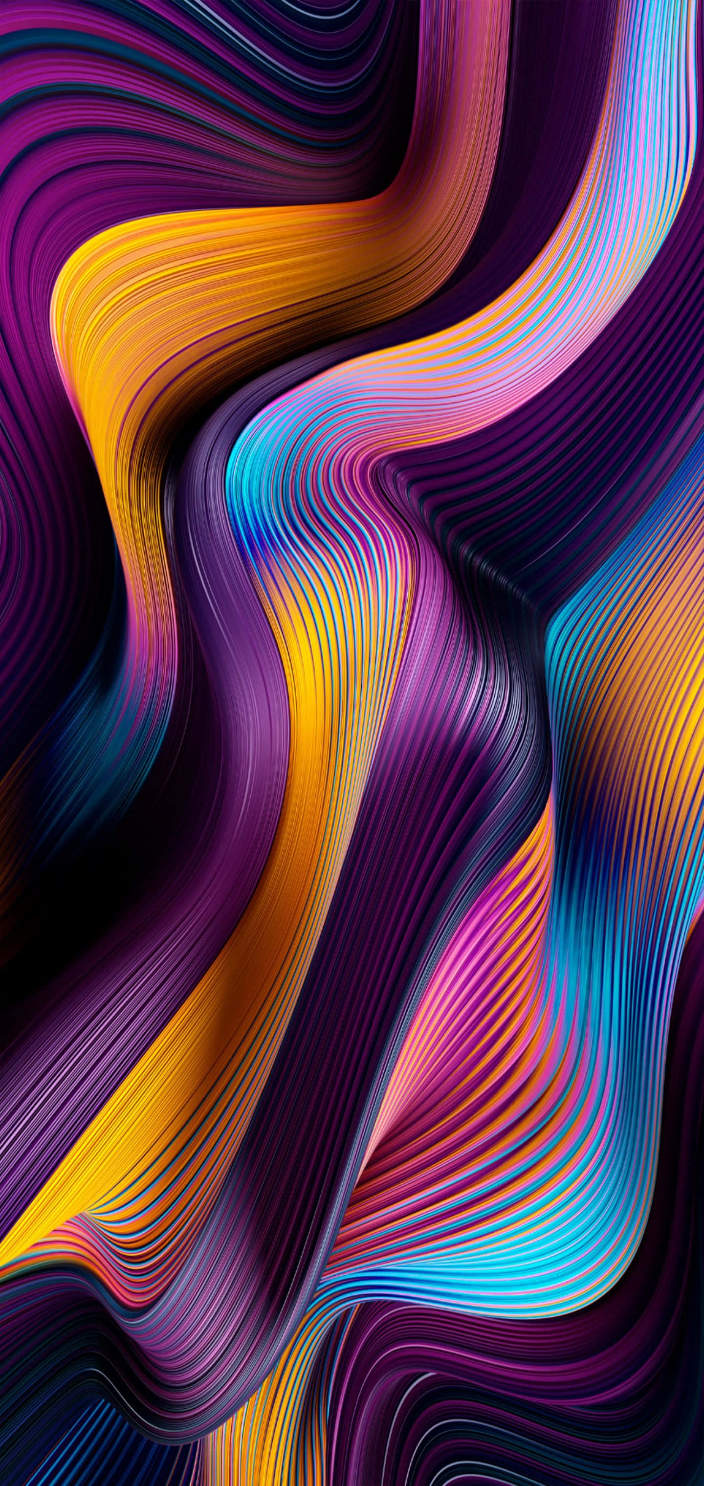 快來體驗全新 Apple iPhone Xs Max，內建驚豔功能 壁紙 — 色彩鮮豔的霓虹色帶在深色背景上以動態波浪圖案流動。