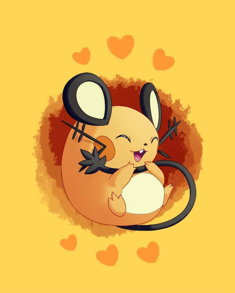 快樂 Dedenne 心形背景 壁紙 — 一隻開心的卡通老鼠寶可夢閉著眼睛微笑，被漂浮的心形包圍，背景是溫暖的黃色。