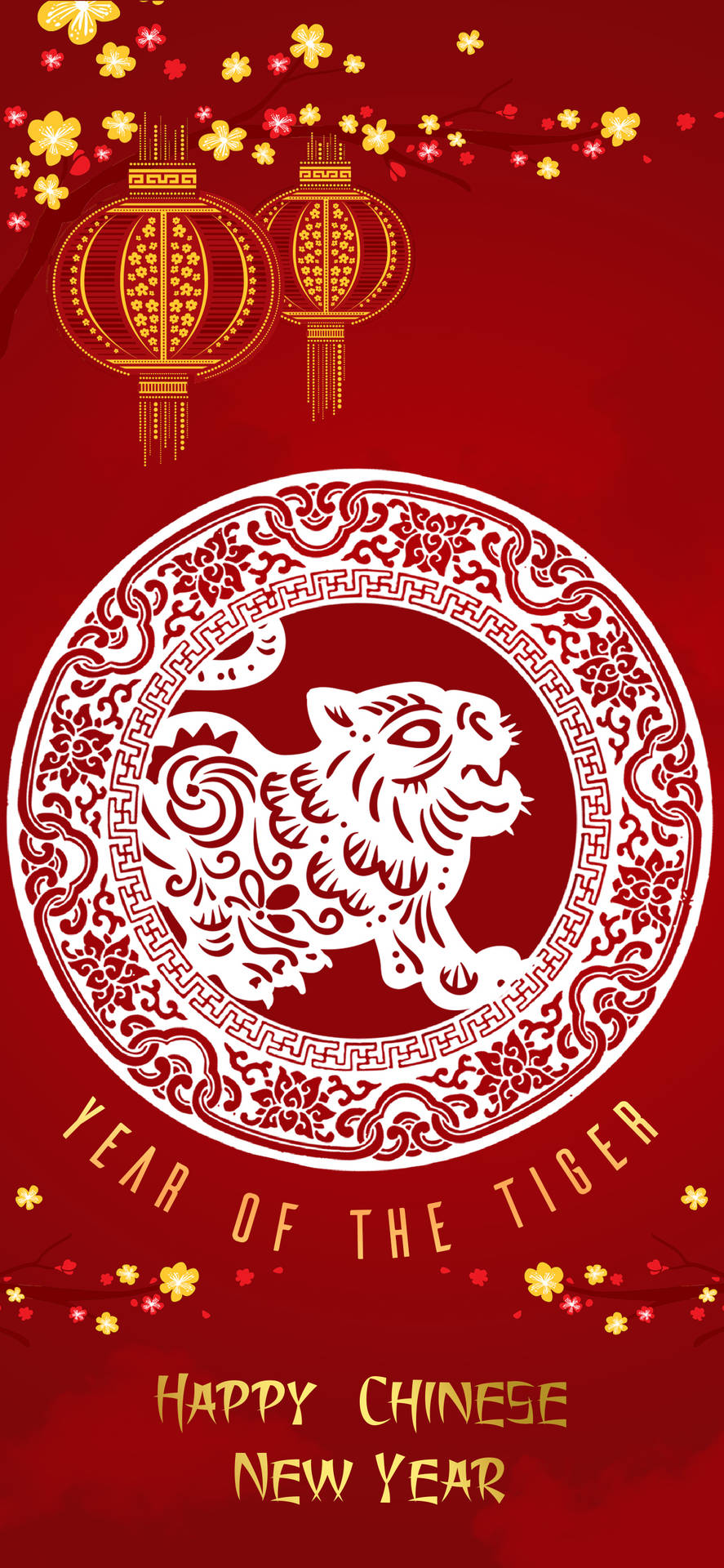紅色背景配白色剪紙老虎和金色燈籠，用於農曆新年。
