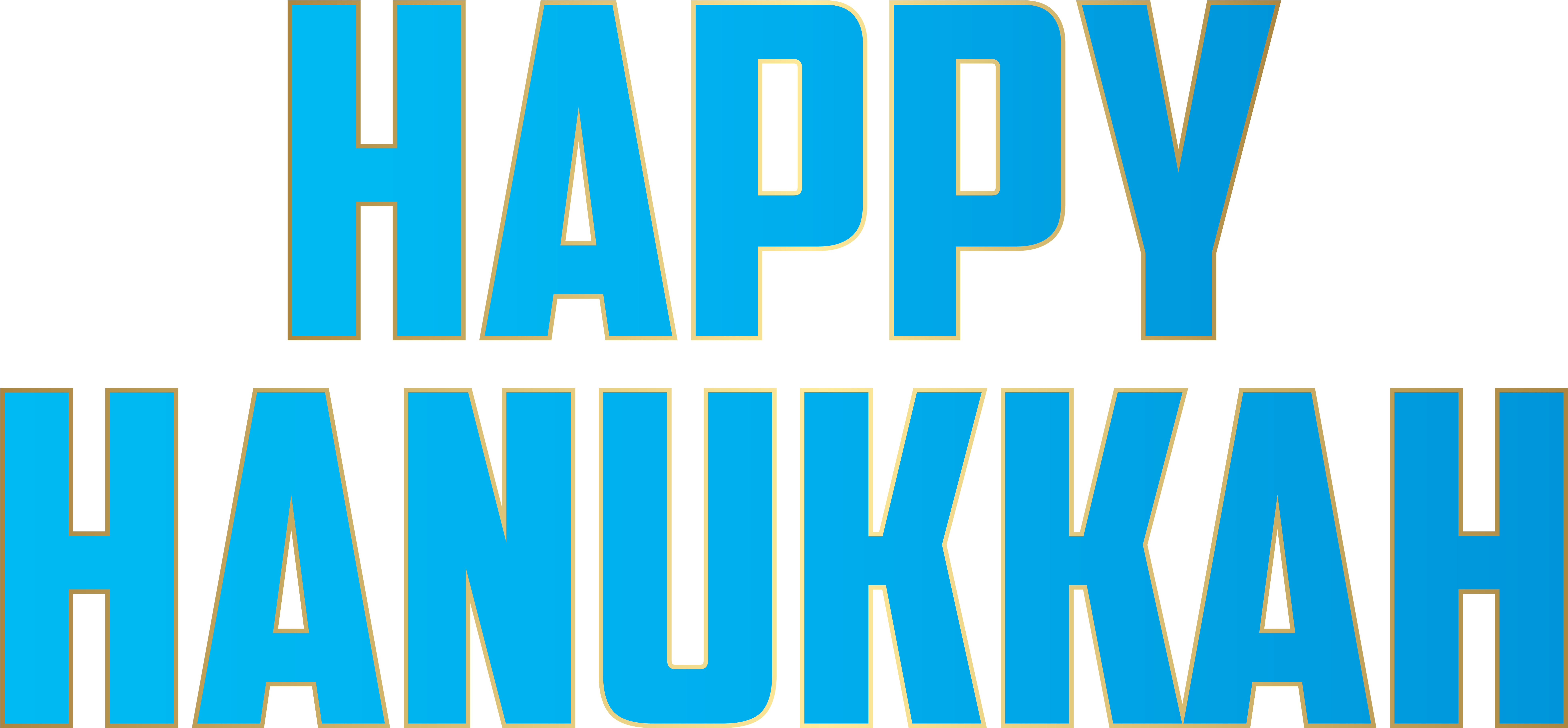 快樂光明節問候 壁紙 — 黑色背景上帶有金色輪廓的粗體藍色「HAPPY HANUKKAH」文字。