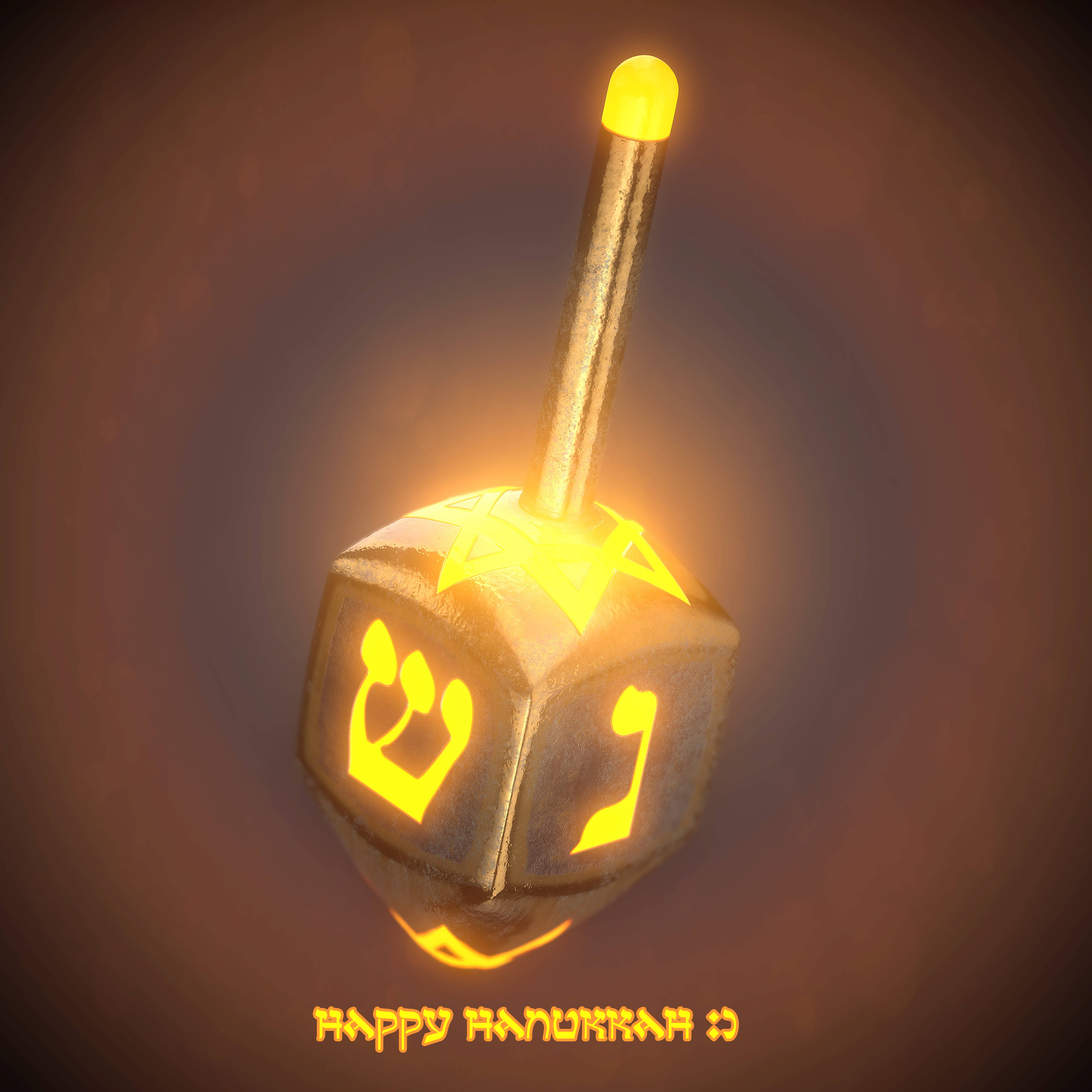 快樂光明節藝術 壁紙 — 一個閃爍金色光芒的 Dreidel，上面有希伯來字母和大衛之星，在溫暖的漸變背景上發光。