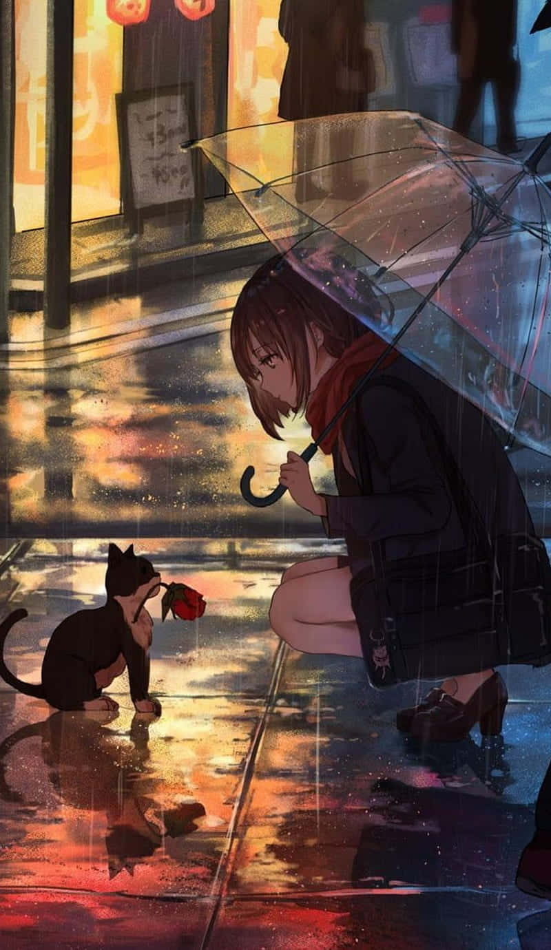 女孩與傘和貓在雨夜的城市分享玫瑰。