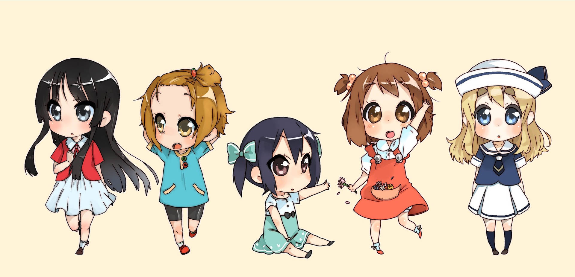 五個穿著校服和休閒服的Q版動漫女孩快樂地擺姿勢。
