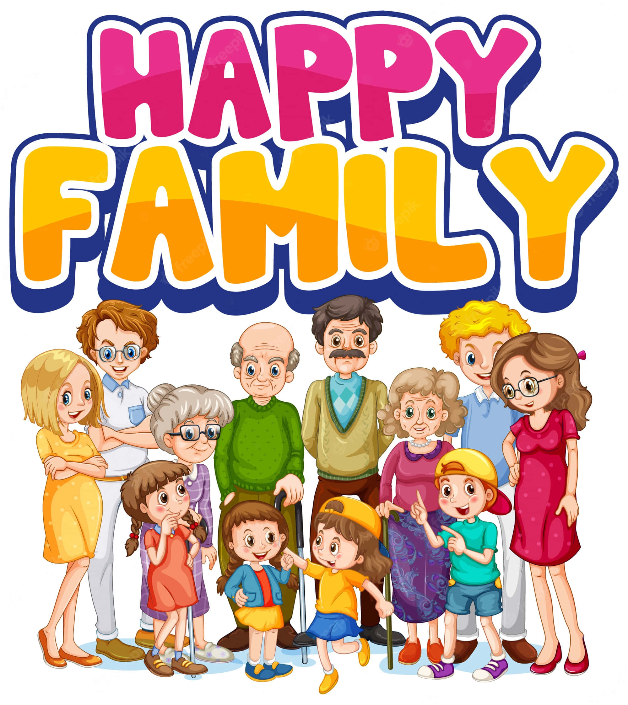 快樂卡通家庭圖 壁紙 — 一個快樂的九代卡通家庭在粗體「HAPPY FAMILY」文字下一起微笑。
