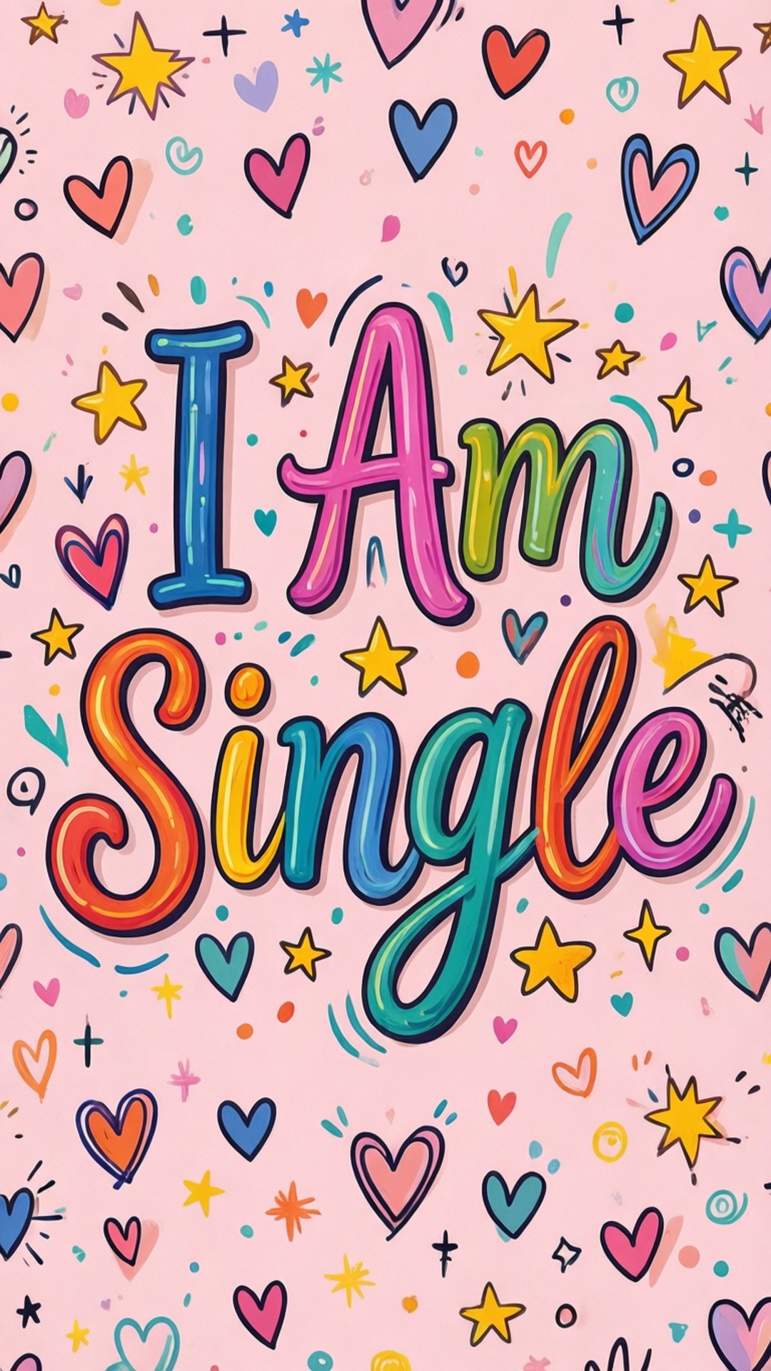 色彩繽紛的插圖，包含心形、星星，以及以彩虹字體書寫的「I Am Single」字句。