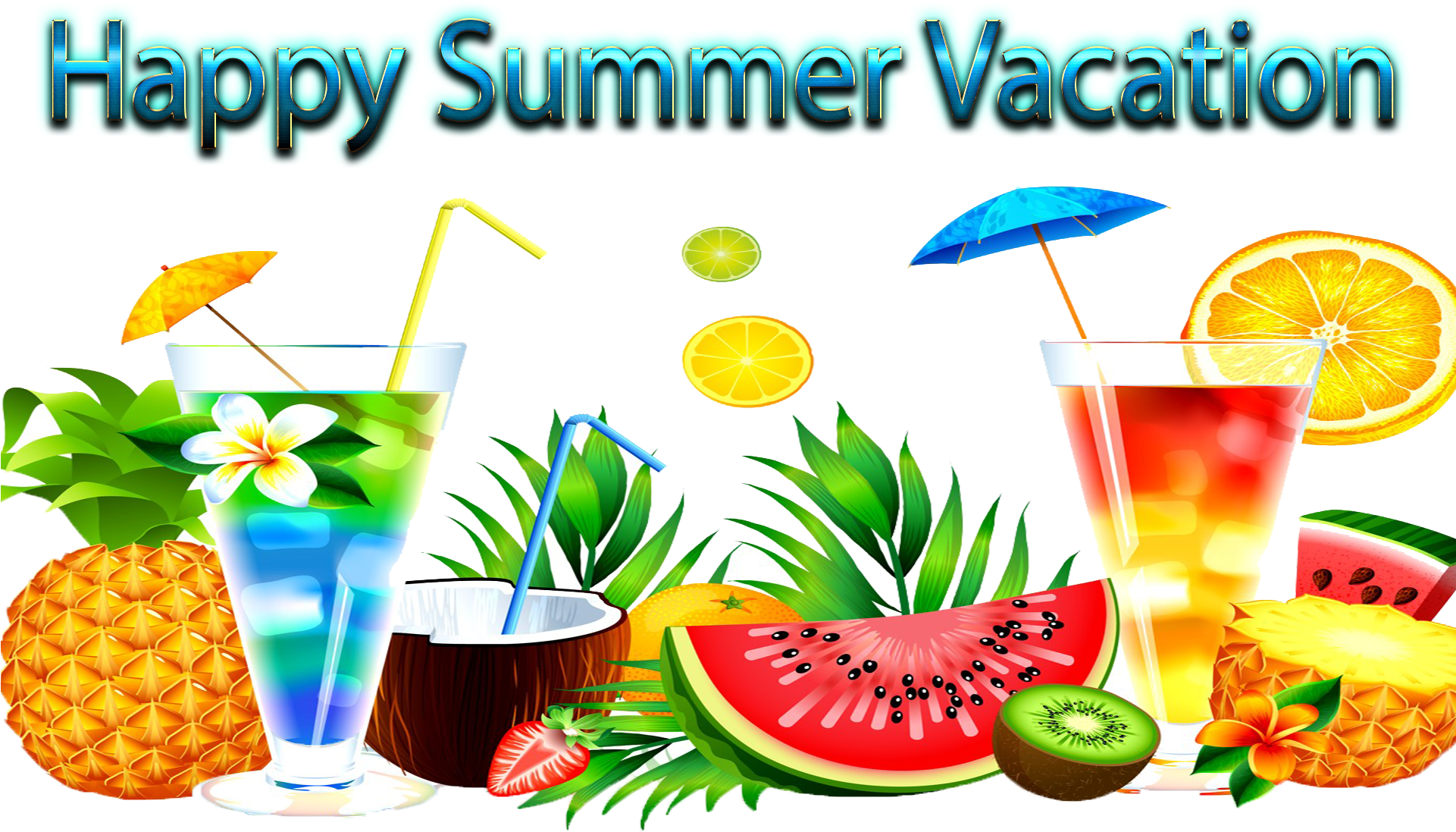 快樂夏日假期熱帶飲品與水果 壁紙 — 充滿活力的熱帶飲料和水果，如西瓜、菠蘿和奇異果，圍繞著黑色背景上的「Happy Summer Vacation」文字。