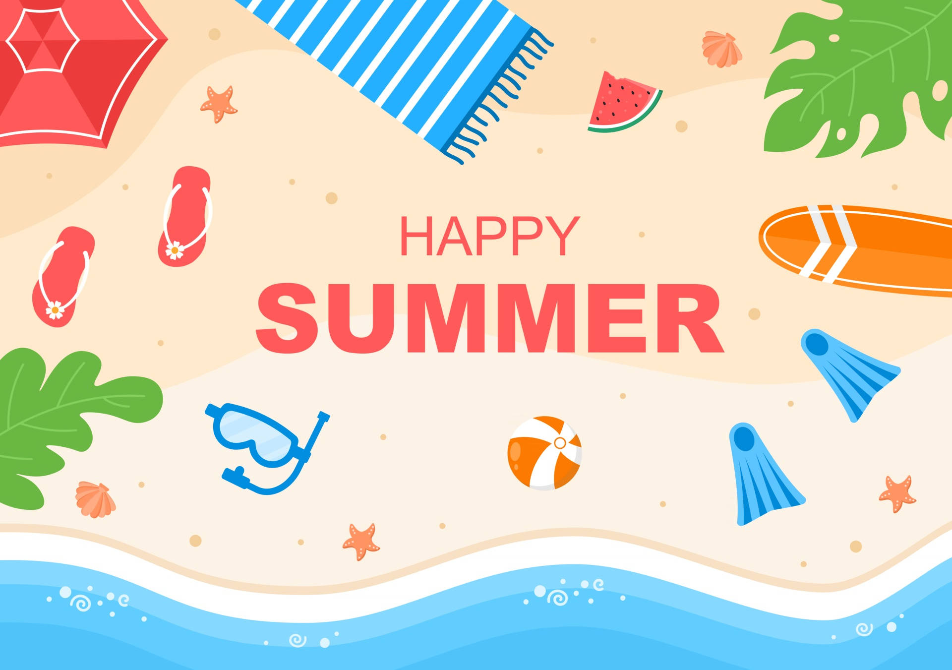 夏季海灘場景，有人字拖、西瓜、衝浪板和海浪。