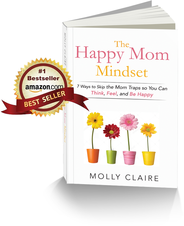 快樂媽媽心態暢銷書 壁紙 — 一本白色書籍，名為《The Happy Mom Mindset》，配有四盆色彩繽紛的盆栽花卉和一個最佳銷售徽章，背景為黑色。
