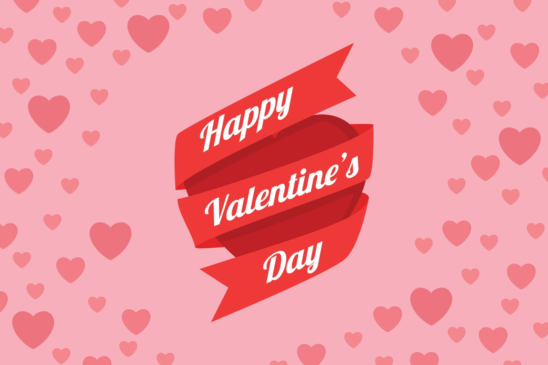 紅色絲帶橫幅，寫有Happy Valentine's Day，周圍環繞粉紅心形。