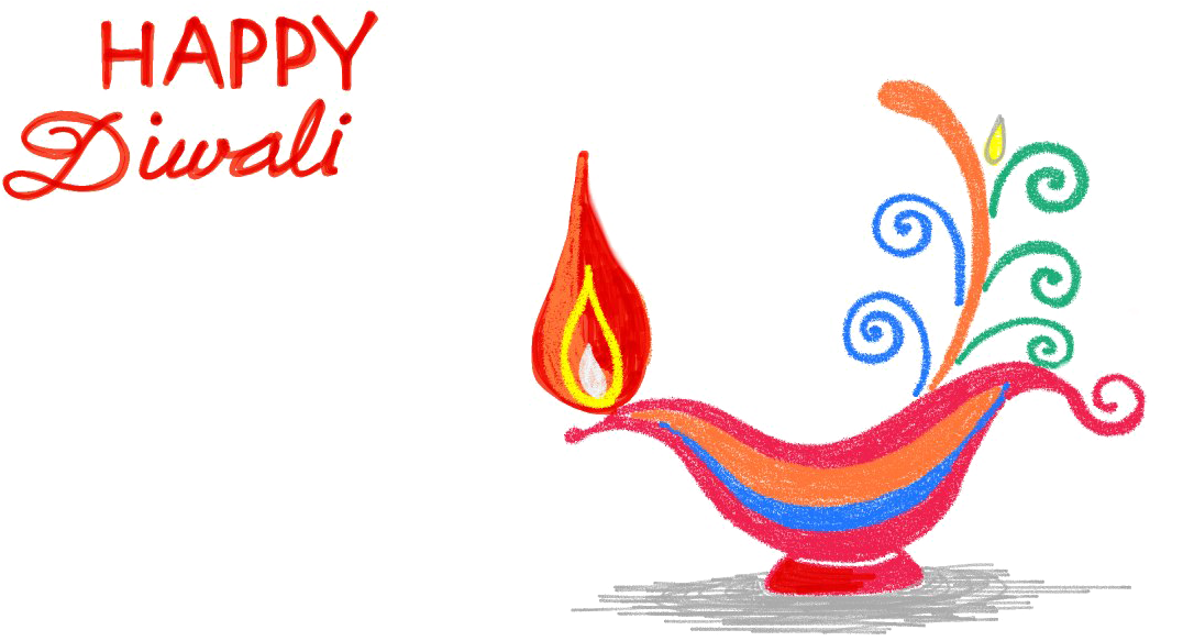 快樂排燈節祝賀圖案 壁紙 — 色彩繽紛的插圖式排燈節油燈，帶有漩渦裝飾圖案和明亮的火焰，背景為黑色。
