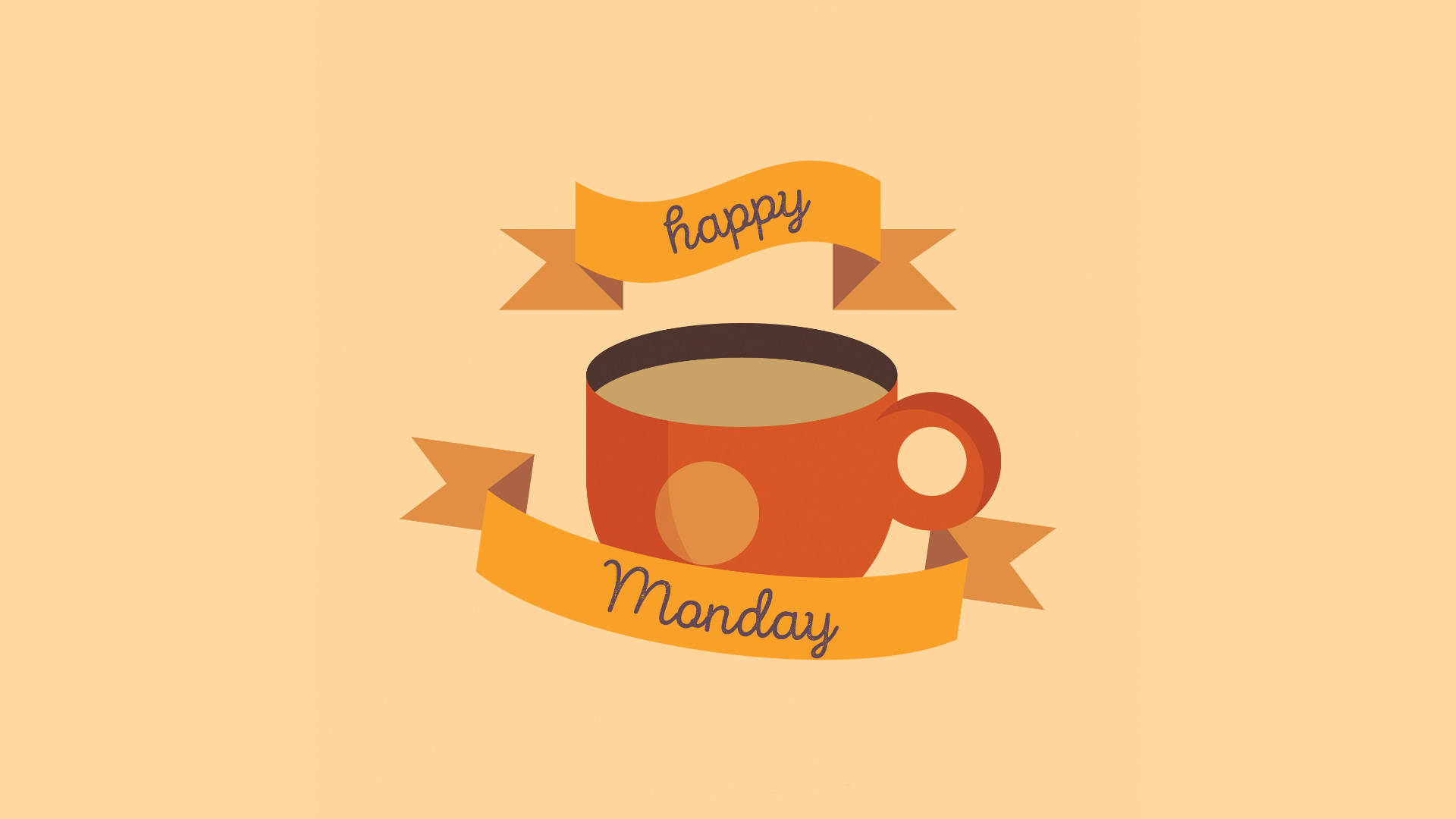 快樂星期一咖啡 壁紙 — 一個充滿活力的橙色咖啡杯，上面有寫著「happy Monday」的橫幅，背景是柔和的桃色。