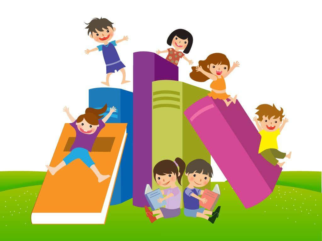 孩子們在草地上玩巨型書本。