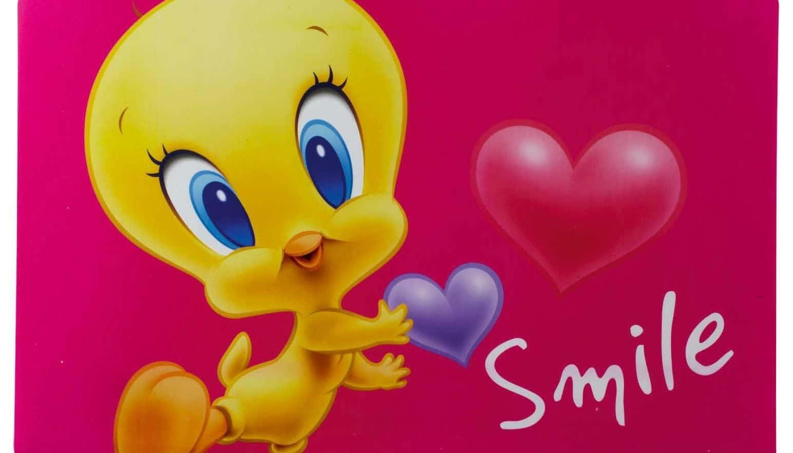 快樂歌唱 壁紙 — 一隻快樂的黃色卡通鳥在鮮豔的粉紅色背景上，拿著一個紫色心形，旁邊是一個更大的紅色心形，上面寫著「微笑」。