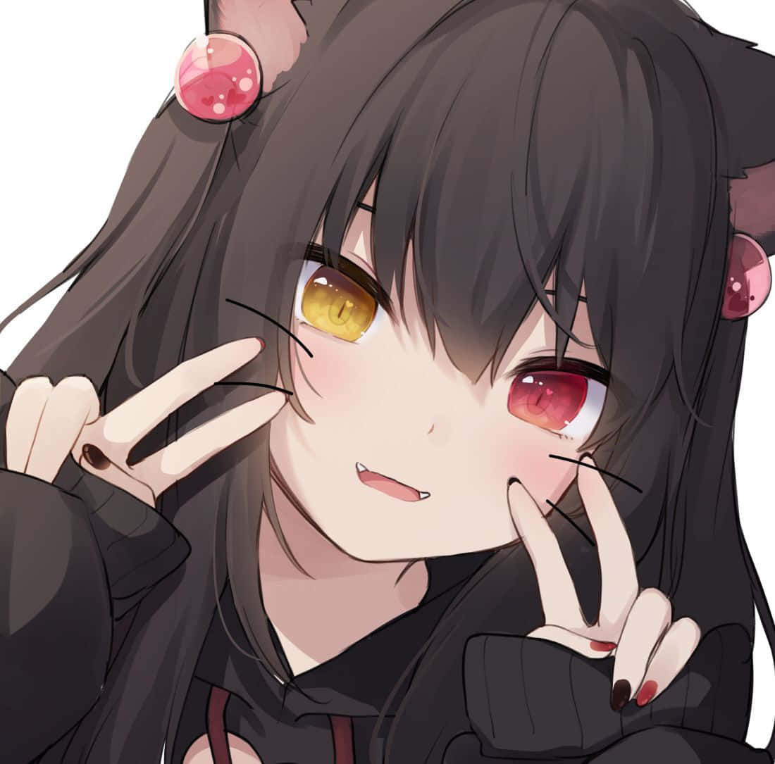 「快樂歡愉的動畫 PFP！」 壁紙 — 一個可愛的動漫女孩，有貓耳朵和異色瞳，做出俏皮的和平手勢。