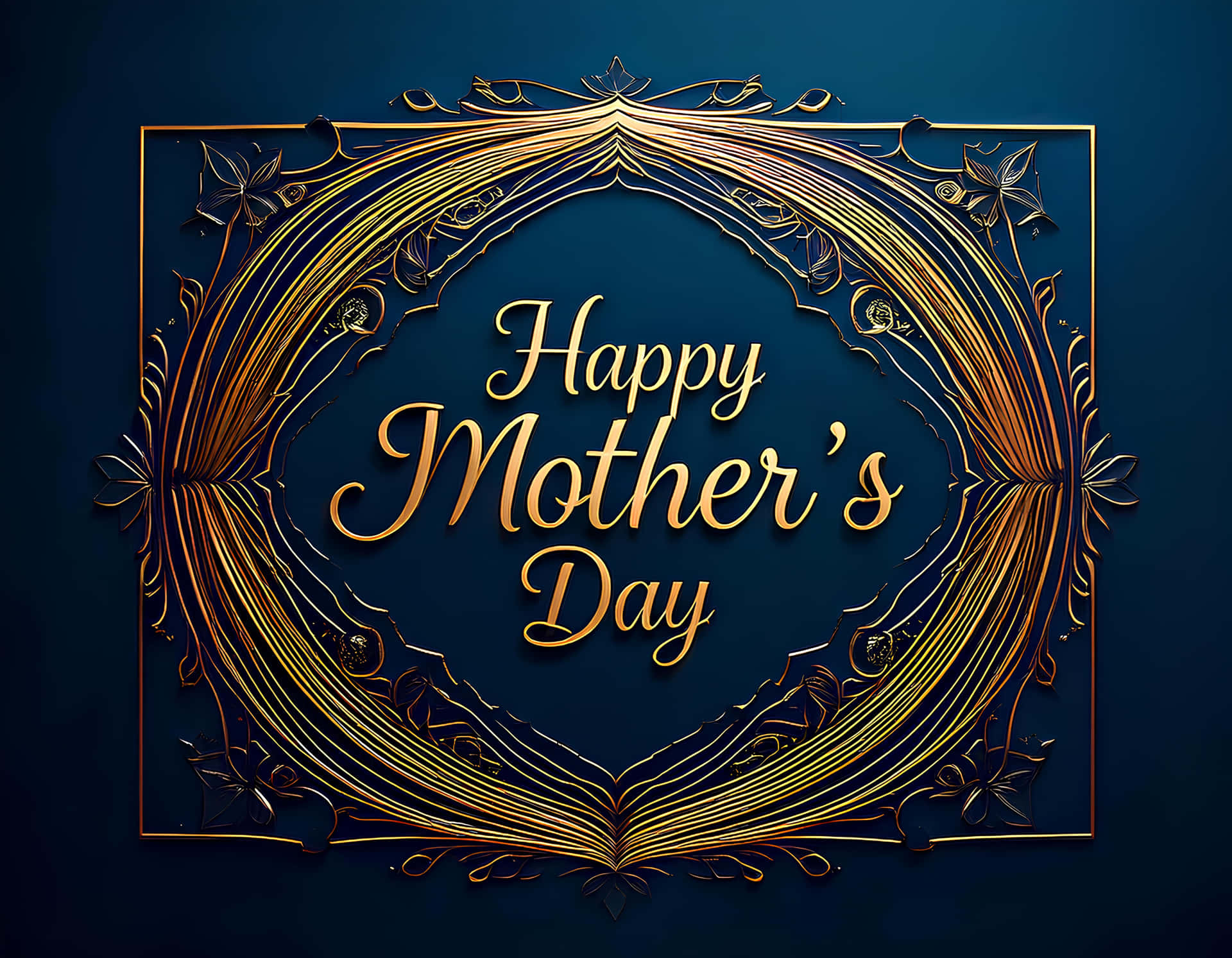 金色華麗框架，帶有Happy Mother's Day文字，藍色背景。