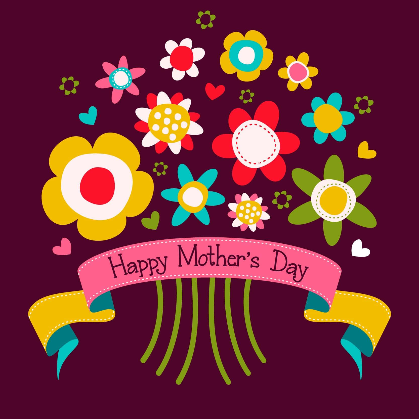 Happy Mother's Day 橫幅，紫色背景上有彩色花朵和心形。